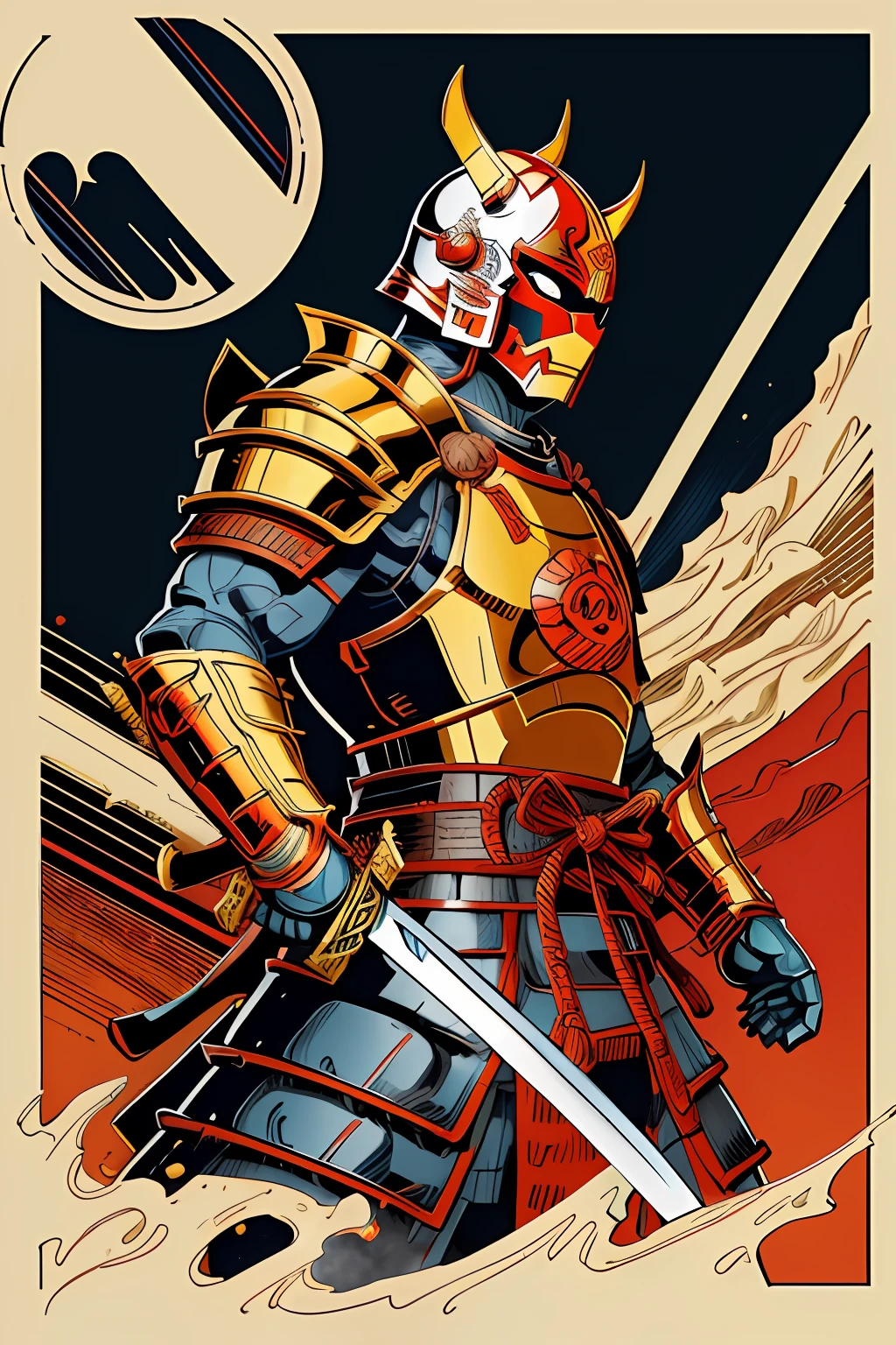 1man, ( oni  helmet and mask),  japanese samurai armor,  glowing eyes, mecha, japanese traditional style ,(katana, Iai Slashing  pose) ,side view,  fuji mountai, sun
, negative space,      clear lines,  high contrast,  simplified,  blue and gold tone 
(comic style), (colored line art:1.5)