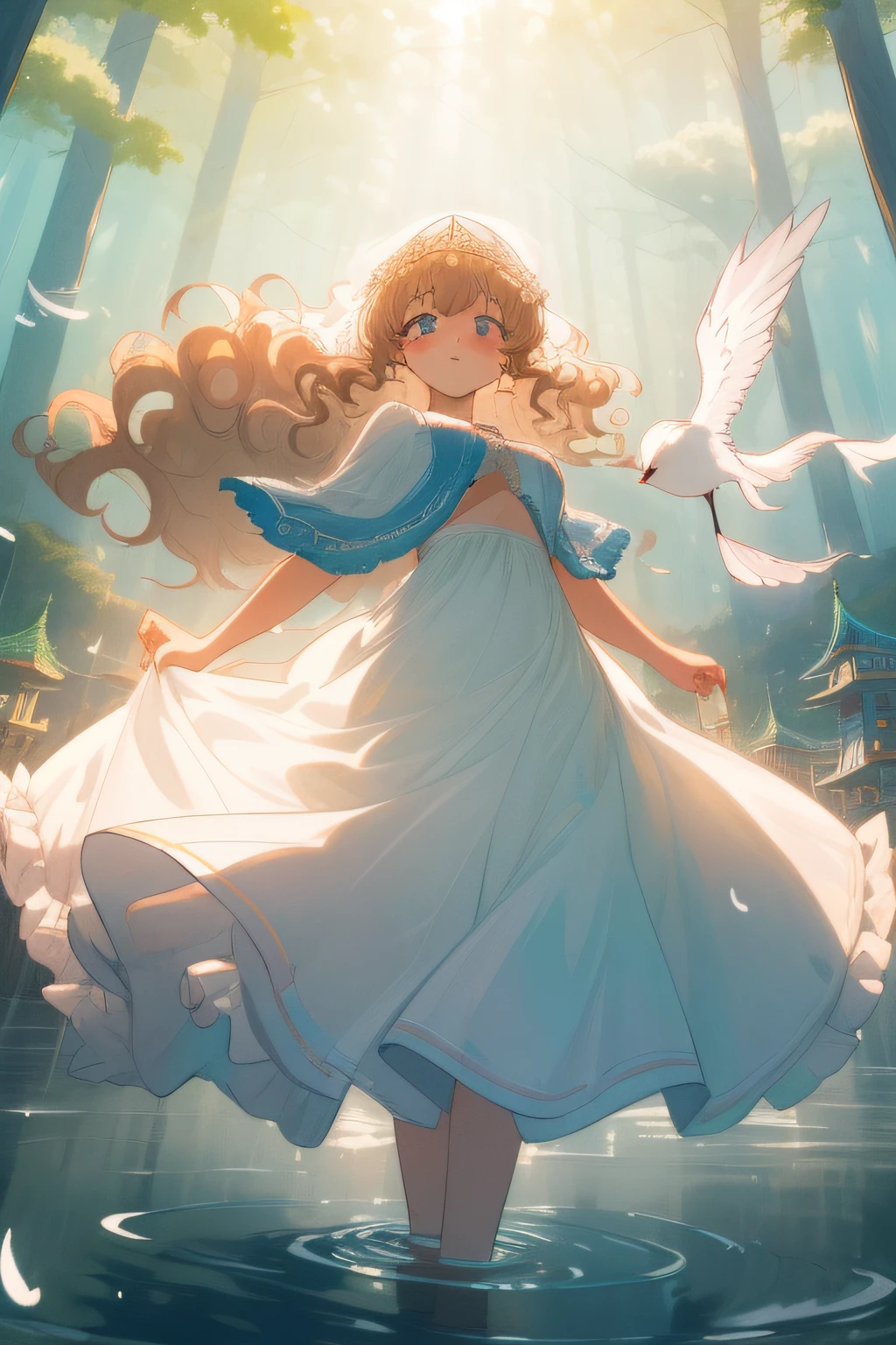 (extremely detailed CG unity 8k wallpaper),(((masterpiece))), (((best quality))), ((ultra-detailed)), (best illustration),(best shadow), ((an extremely delicate and beautiful)),dynamic angle,floating, solo,((1girl)),{long wavy curly hair},expressionless,((white idol dress)), anglesailor dress,(detailed wet clothes),silk shawl,bikini,underboob, frills,cute anime face,blush,(beautiful detailed eyes), (detailed light),feather, nature, (sunlight), river, (forest),(((floating palace))),beautiful and delicate water,(painting),(sketch),(bloom),(shine),