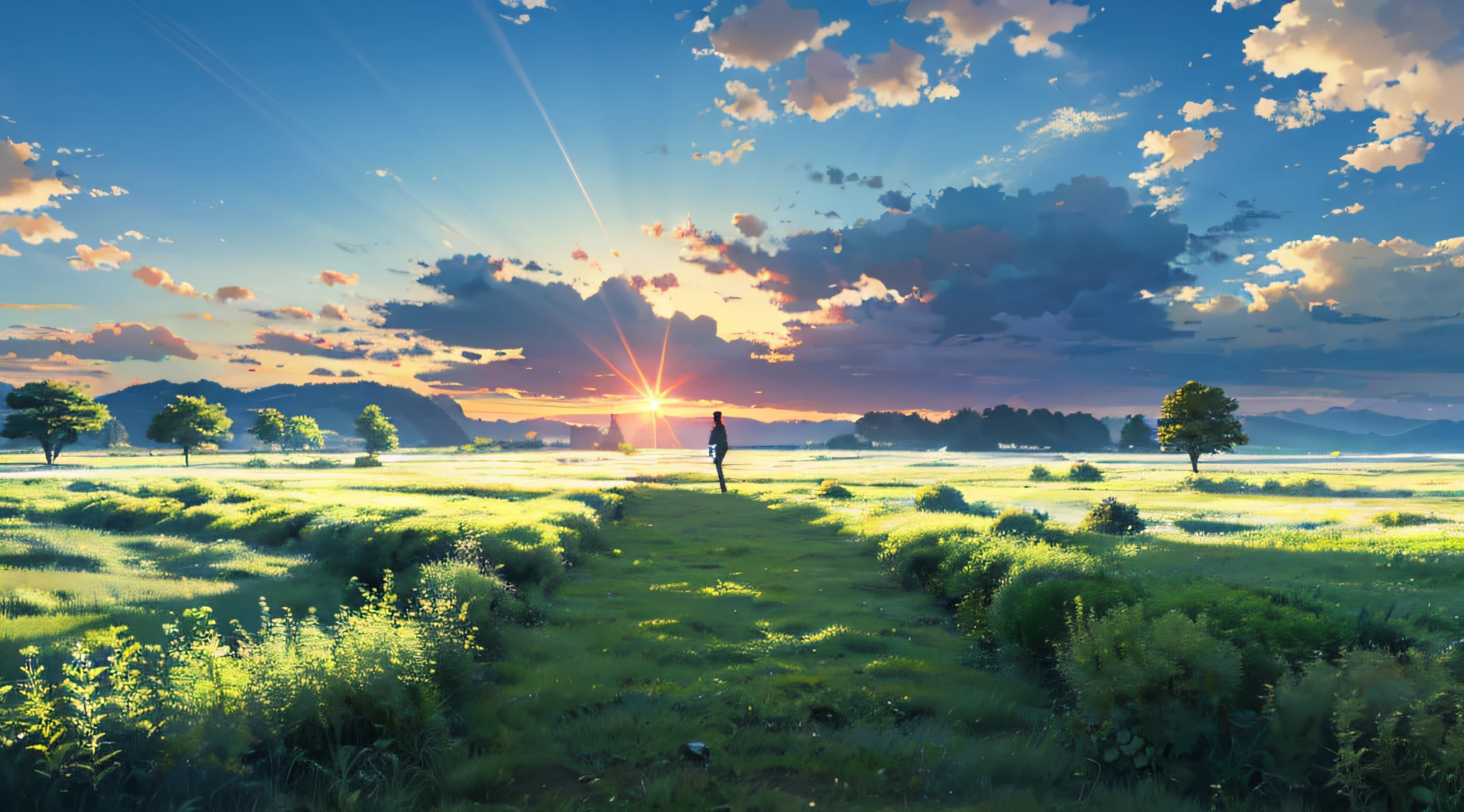 early evening、The ambient light is colorful、Spread over vast steppes。In the meadow under the sunset、Green grass々And overgrown with grass。