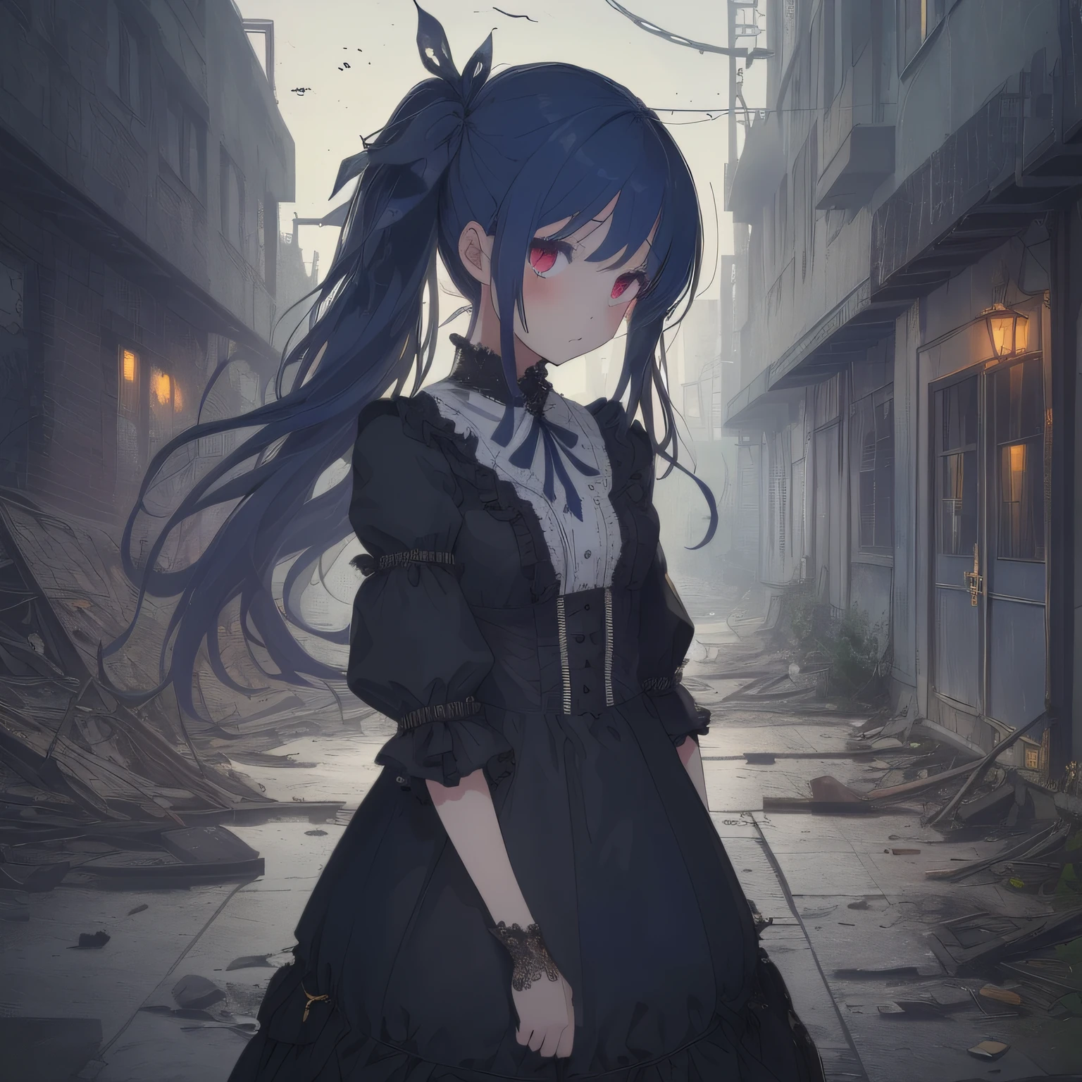 full picture, highest quality, (1girl, beautiful girl, looking down, solo,  girl), (high quality, dimly lit, abandoned building, ruined building), (long hair, dark blue hair, hair ornament, twin ribbons), (highly detailed, high quality, street clothes, gothic style, torn clothes),