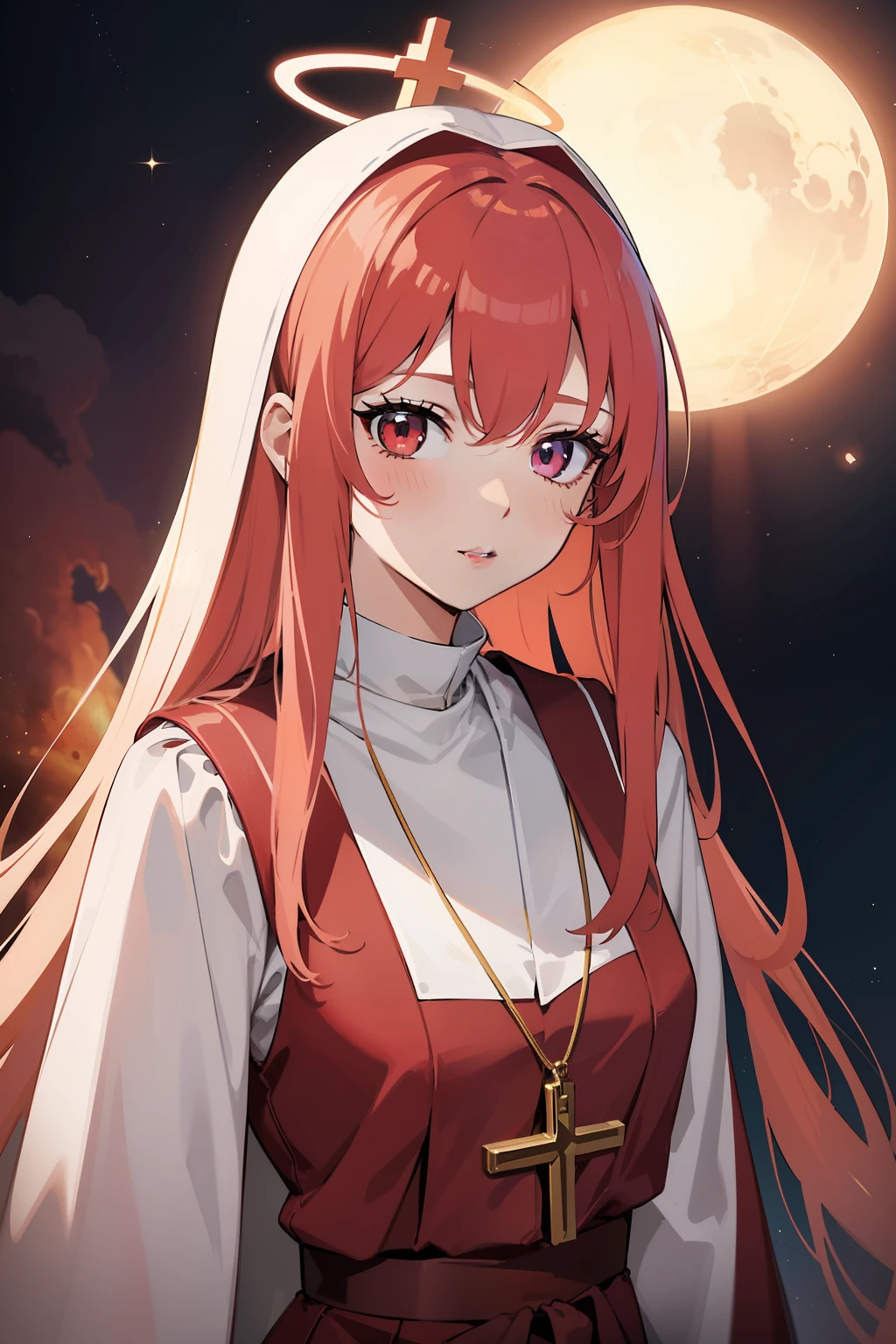 1 beautiful anime spatula priest, red and white priest robe, hight detailed, ray tracing, space background, perfect, ultra high detailed, highly detailed face, saint halo, sexy, attractive, goddes, really long hair, hair accessories, necklace,