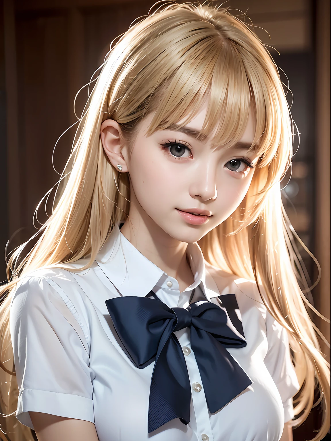 portlate、School Uniforms、bright expression、poneyTail、Young shiny shiny white shiny skin、Best Looks、Blonde reflected light、Platinum blonde hair with dazzling highlights、shiny light hair,、Super long silky straight hair、Beautiful bangs that shine、Glowing crystal clear attractive big blue eyes、Very beautiful nice cute 16 year old girl、Lush bust,Raise both arms,(Aside)、Tall