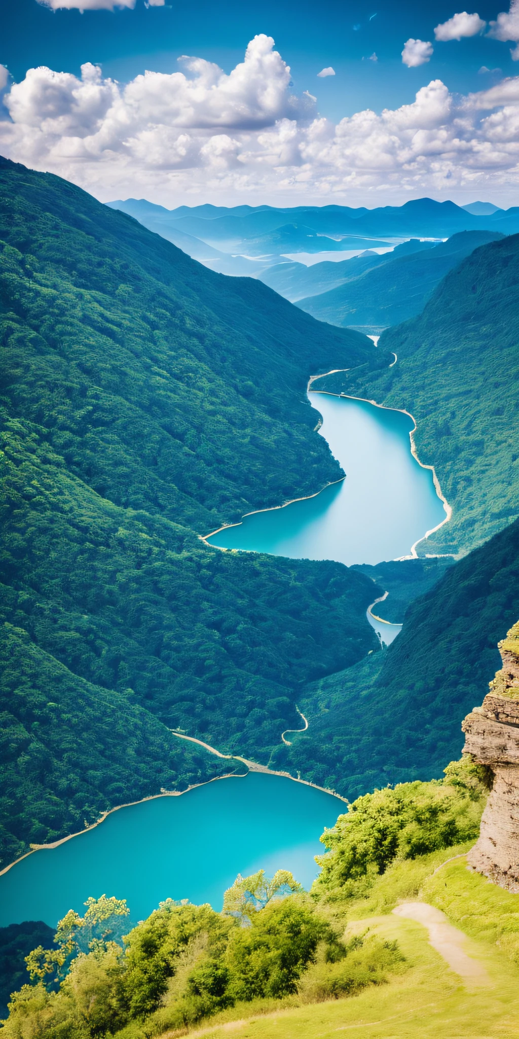 scenery, outdoor, sky, cloud, day, no humans, mountain, panorama, water, tree, blue sky, waterfall, cliff, nature, lake, river, cloudy sky