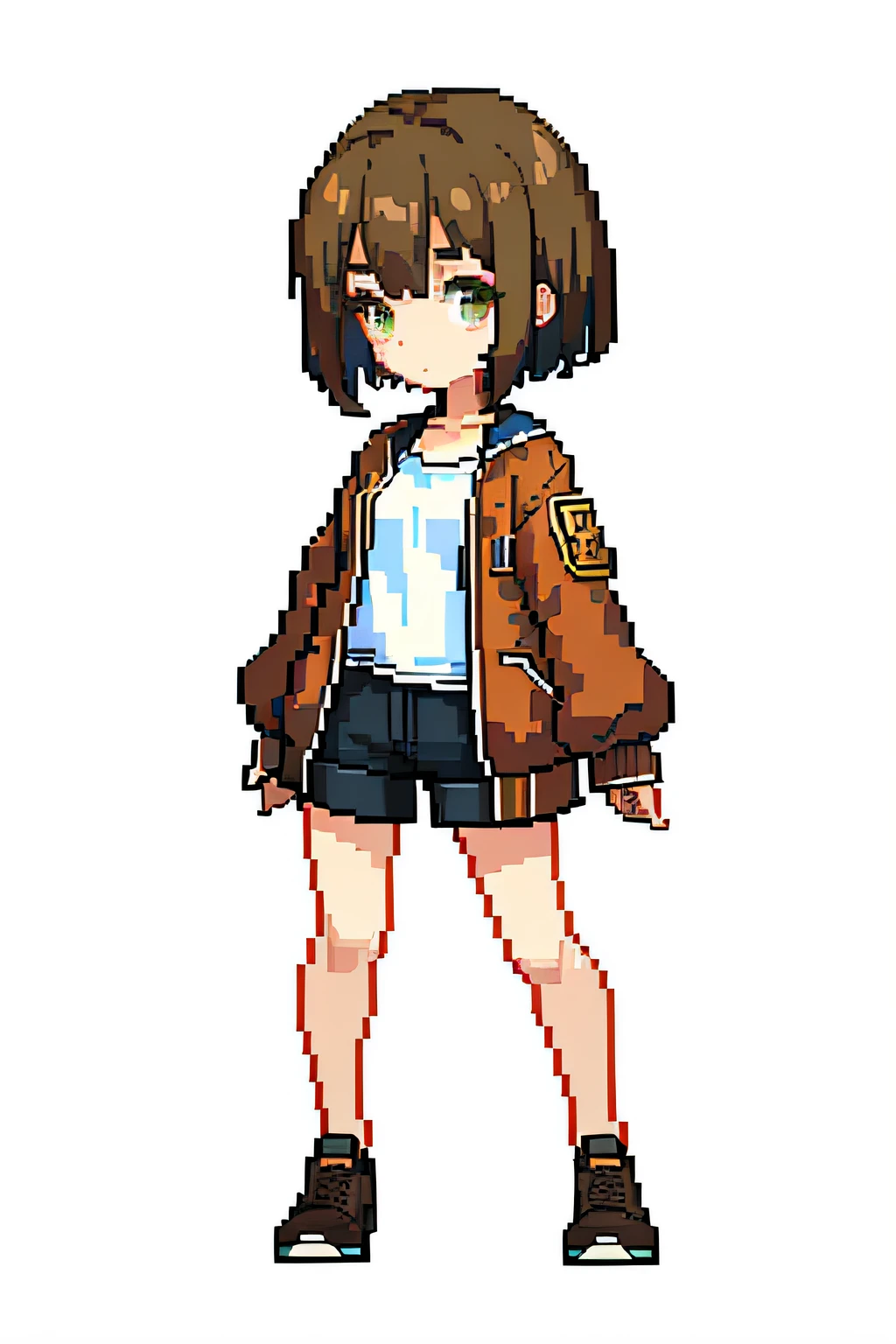 pix, pixelart, 1girll, with short brown hair, Brown hatless jacket, body,Step by step