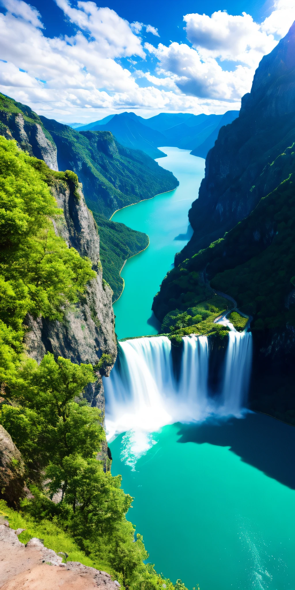 scenery, outdoor, sky, cloud, day, no humans, mountain, panorama, water, tree, blue sky, waterfall, cliff, nature, lake, river, cloudy sky