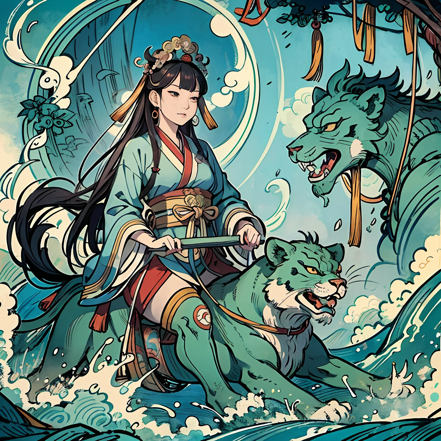 an ancient Chinese goddess, guanyin of the southern seas, Guanyin, Inspired by India, Guanyin Bodhisattva rides on a lion, author：Tahara Yanagi Soda, author：Central Plains South Tianfang, author：Xiu Wen Tianzheng, author：Tan Yang Kano, author：Asainaka, author：Katsushika Ohi