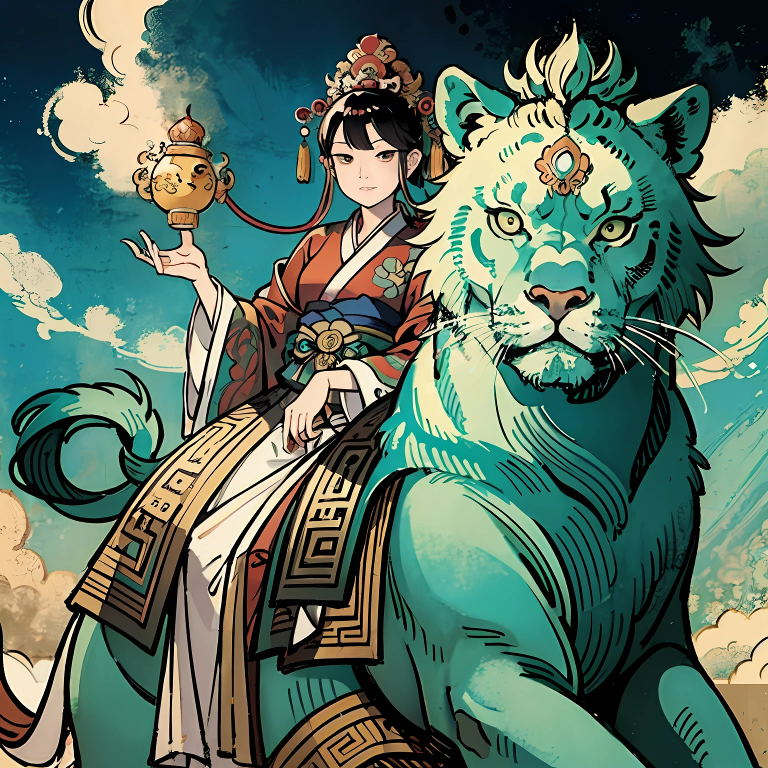 an ancient Chinese goddess, guanyin of the southern seas, Guanyin, Inspired by India, Guanyin Bodhisattva rides on a lion, author:Tahara Yanagi Soda, author:Central Plains South Tianfang, author:Xiu Wen Tianzheng, author:Tan Yang Kano, author:Asainaka, author:Katsushika Ohi