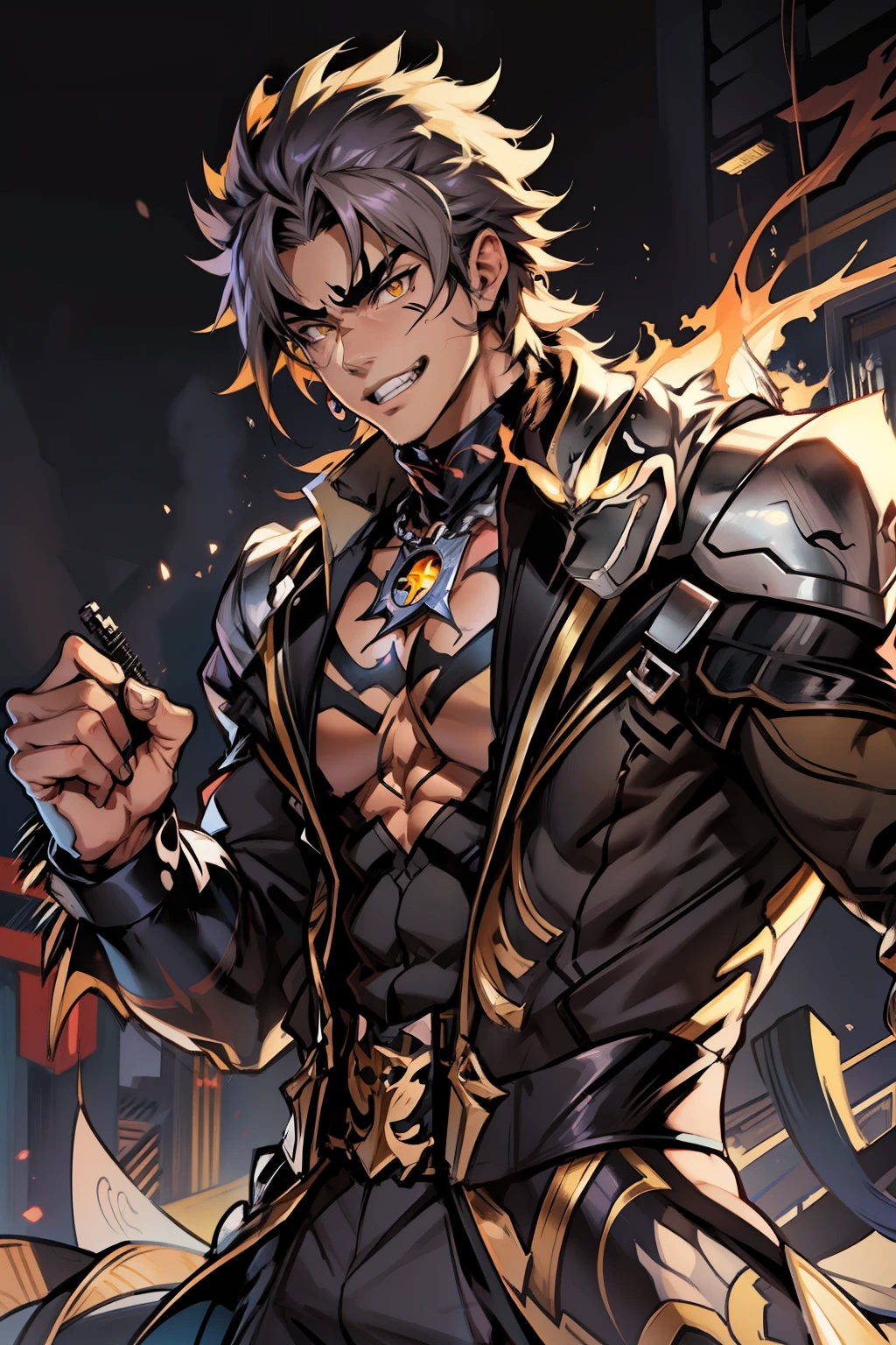 《the original god》Arataki Kazuto , male people,,((Masterpiece)), ((Best quality)), Ultra detailed,((illustration)), Dynamic Angle, Detailed light, (Delicate eyes), Floating, 1boy, Male focus, Head, Clothing, Yellow eyes, necklace, tattoo, (Forehead:0.8), (ahoge:0.8), jewelry, apathy,Ray, chest muscle, Sexy , Venom symbiote for your body, Black mucus of the body , (into venom), Venom,frontage,style of anime4 K, 4K anime wallpaper, Badass anime 8 K, 4 k comic wallpaper, young anime man, Anime boys, Anime wallpapers 4 k, Anime wallpaper 4K, High quality anime art style, Anime moe art style, Anime art wallpaper 8 K, Anime art wallpaper 4 K, RGB lighting