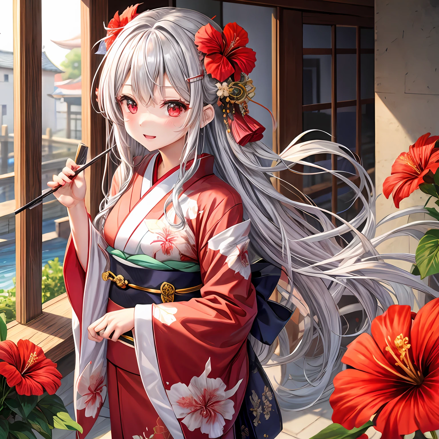 Wavy silver hair、red eyes、One pretty girl、独奏、animesque、kimono、hibiscus