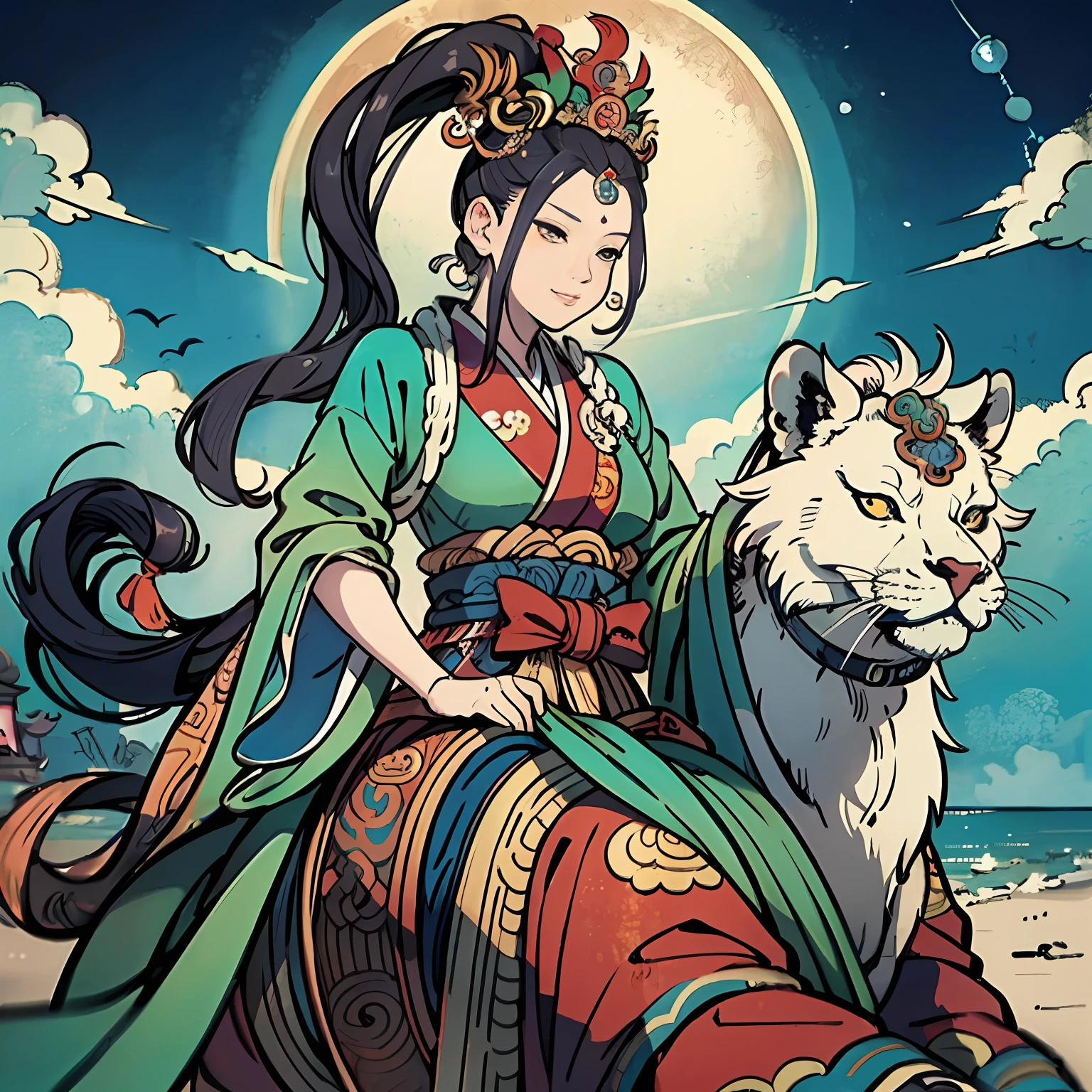 an ancient Chinese goddess, guanyin of the southern seas, Guanyin, Inspired by India, Guanyin Bodhisattva rides on a lion, author：Tahara Yanagi Soda, author：Central Plains South Tianfang, author：Xiu Wen Tianzheng, author：Tan Yang Kano, author：Asainaka, author：Katsushika Ohi