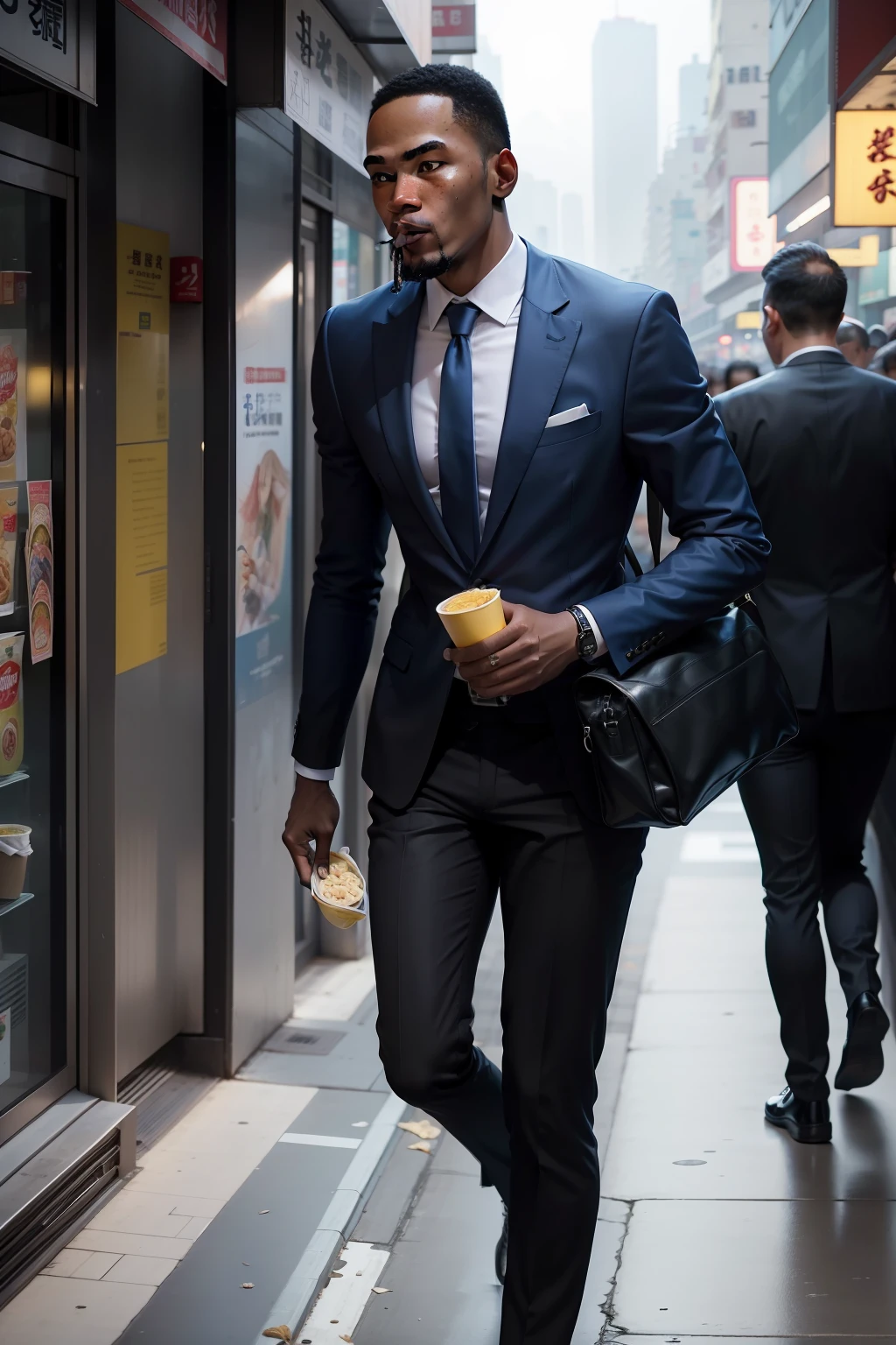 Durant eats instant noodles on the streets of Hong Kong,Carry a school bag,dressed in a suit