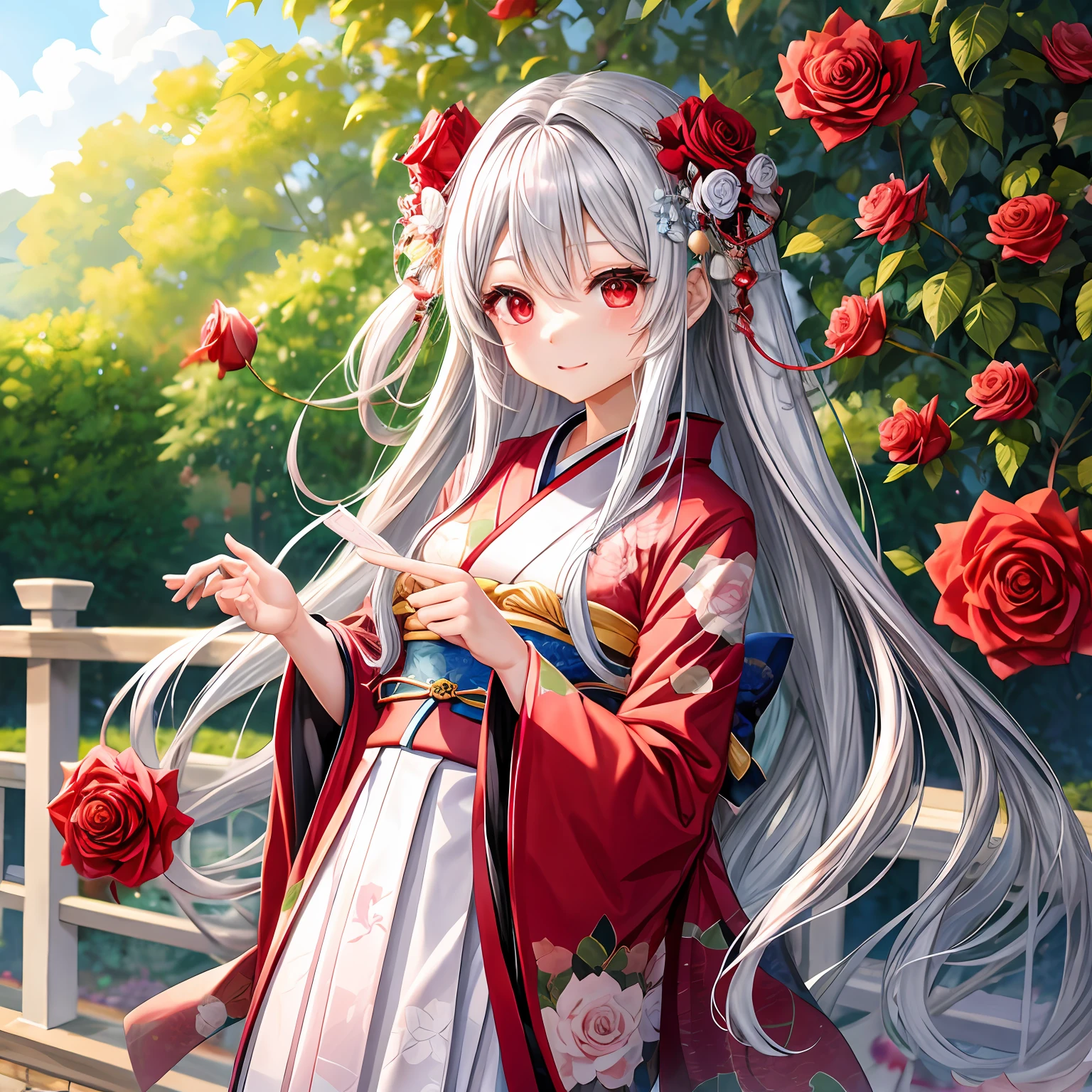 With long silver hair、red eyes、One pretty girl、独奏、animesque、kimono、rose garden、