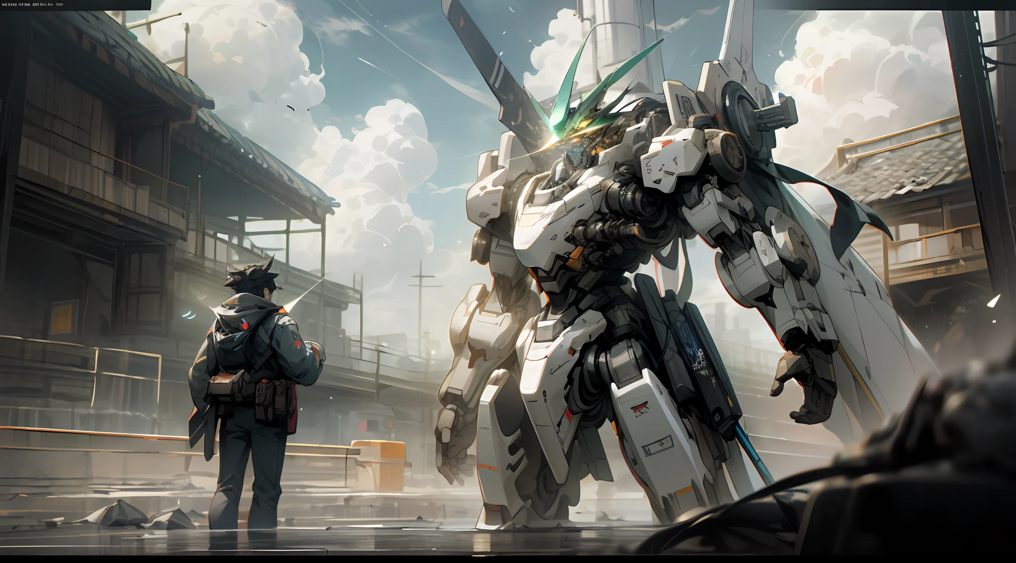 high-definition picture quality,Sunnyday,Skysky,clouds,holding_weapon,no_humans,with light glowing,,droid,buliding,glowing_eyes,mecha,scientific fiction,城市,Realistis,mecha,Wallpapers,hyper HD,Albedo e mapas Speculares, HDR(HighDynamicRange),Ray traching,NVIDIA RTX, Hyper-Resolution, Unreal 5, sub surface scattering, PBR Texture, post-proces, Anisotropic filtering, depth of fields, Maximum clarity and sharpness, Many-Layer Textures, Albedo e mapas Speculares, Surface Coloring,Accurately simulate light-material interactions,perfectly proportions,rendering by octane,twotonelighting,Low ISO,White balance,trichotomy,Wide aperture,8K RAW,High-Efficiency Sub-Pixel,sub-pixel convolution,Luminous Particle,Light scattering,Tyndall effect