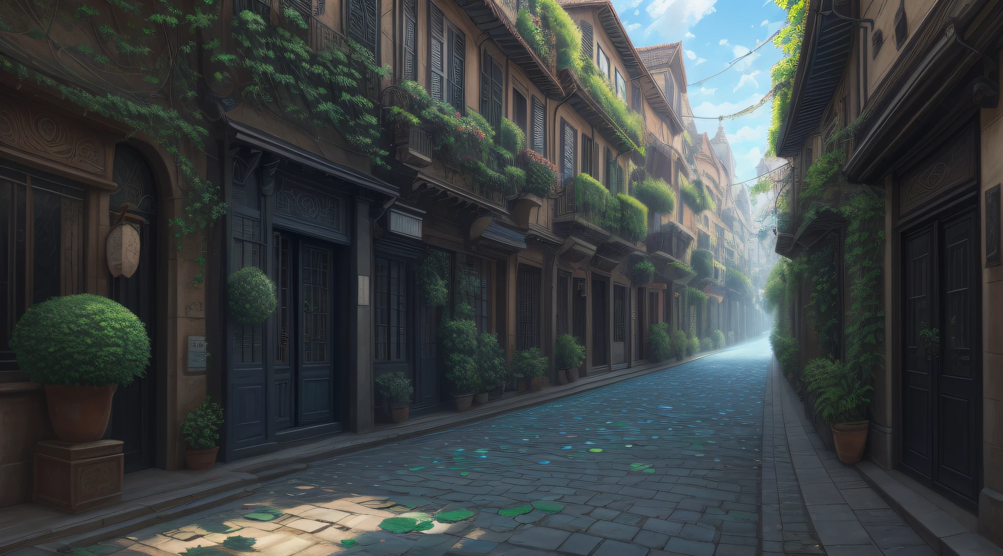 lotus flowers and leaves, (realistic), best quality, dynamic colors, swirls, architectural streets, a character portrait, blue eyes, vines, landscape, clear sky, black colors, chains connected to rings, digital painting, ultra high res,