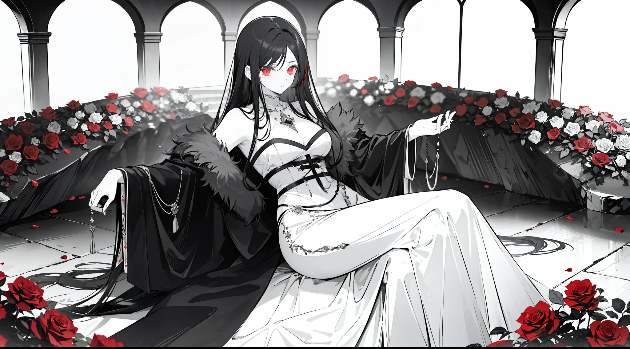 "Monochromatic. Elegant mature woman with black hair lying in the middle of the altar and on the rock, red roses surround her covering her pale skin. She had died hundreds of years ago, but her body was still intact. (Monochromatic)"
