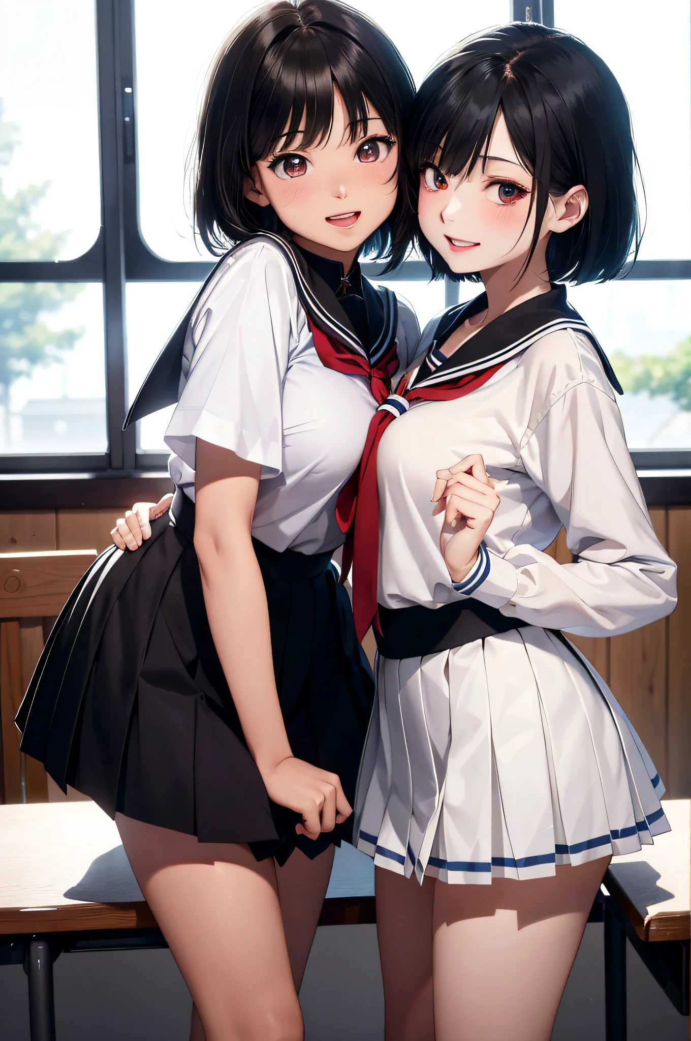 (top-quality、in 8K、32K、​masterpiece、nffsw、超A high resolution、Impresionismo、Photorealsitic:1.2)、Colossal tits、cowboy  shot, detailed faces and eyes、 Inside the classroom、Schools、Evening glow、beauitful face、blurry backround、16-year-old beautiful girl、shinny skin、short-hair、Beautiful black hair、Red Eyes、(Katyusha:1.2)、a sailor suit、Pleated miniskirt、Curve、dynamicposes、Smile with open mouth、Two girls、Same uniform、the kiss、