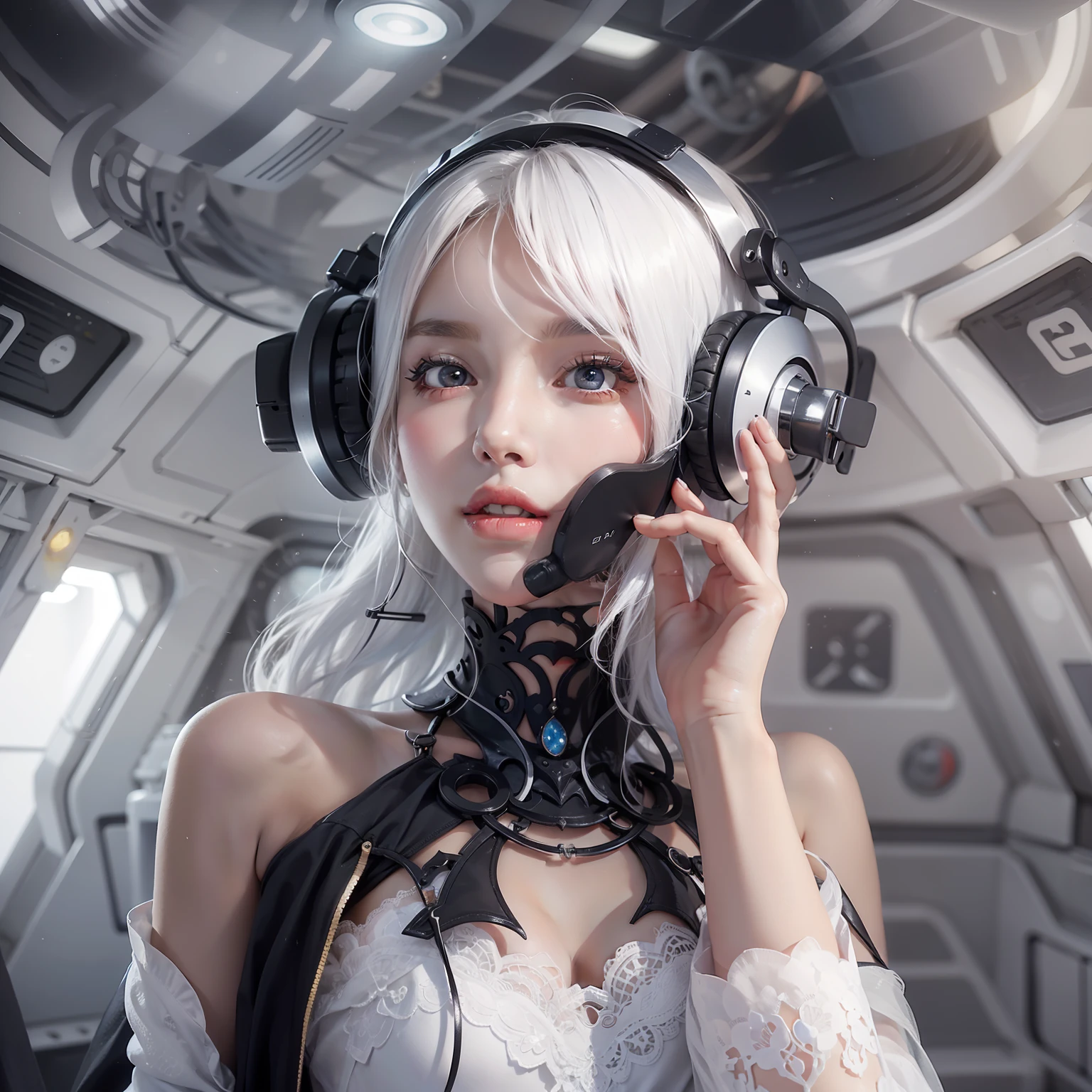 Enchanted woman happy to raise her hand Perfect beauty Beautiful white skin Beautiful eyes Lustrous lips lovely smile wink White hair Wearing a black dress that sticks to the body Functional head phone Inside the spacecraft