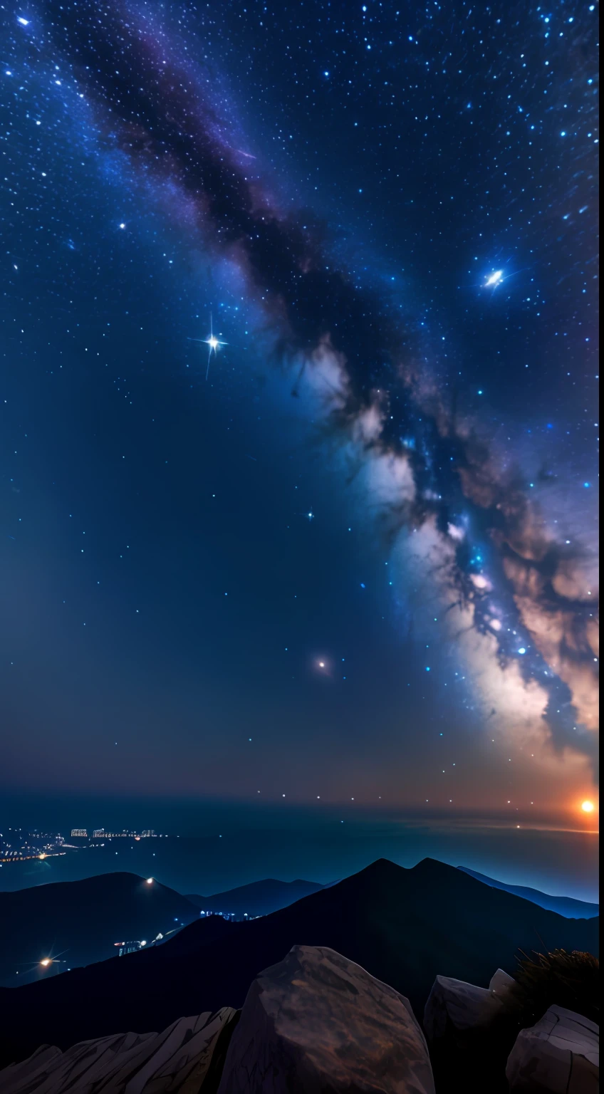 nigh sky、Star shine、Faraway view、Realistic and rich colors、Gorgeous and colorful wide-angle lens、Evening shooting、Positive film、Naturalistic style、High-resolution shooting。