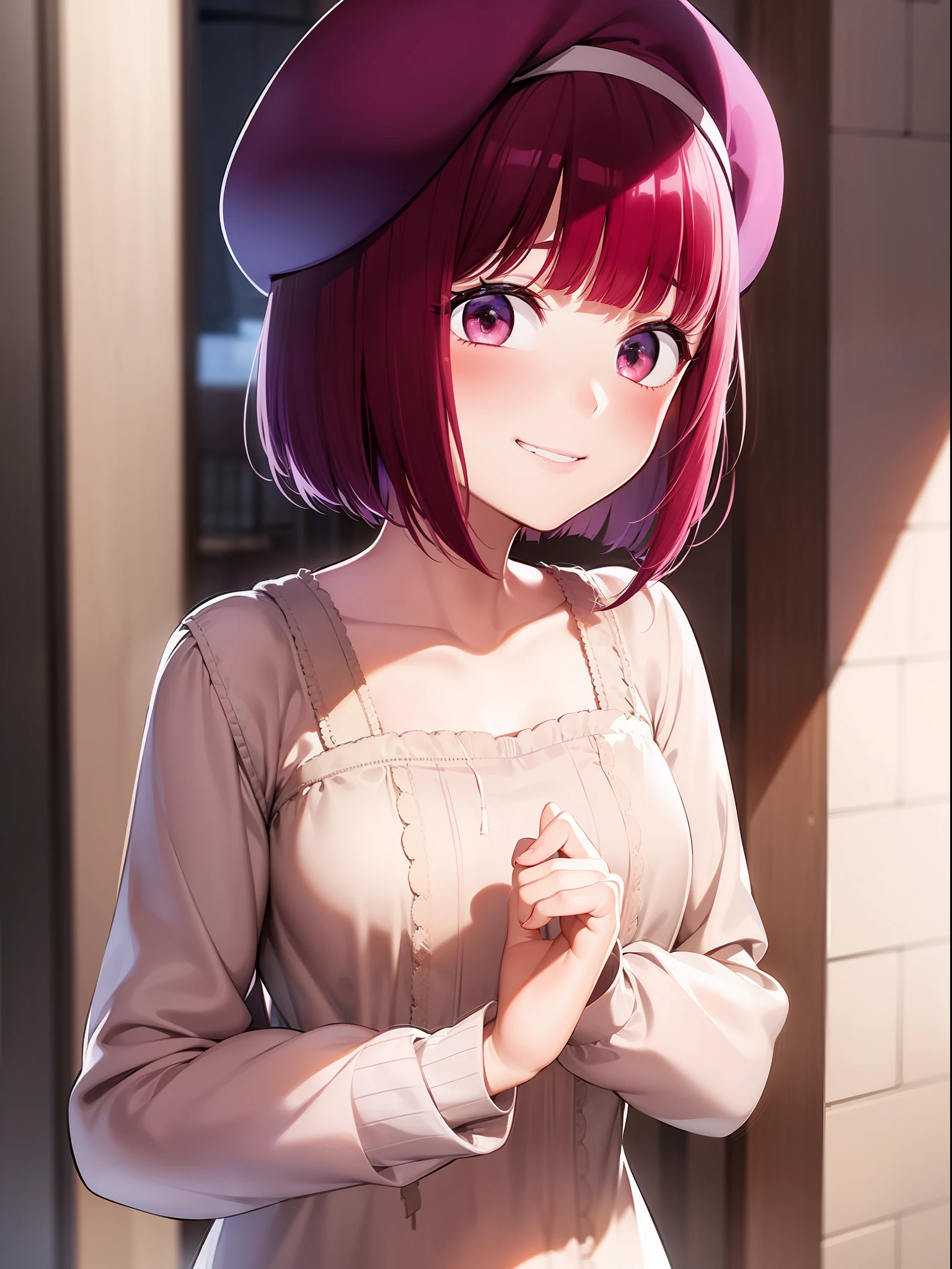 1 girl, graduation bob, straight short hair, mediumvioletred hair, mediumvioletred eyes, big droopy eyes, small beret, selfish, smug face