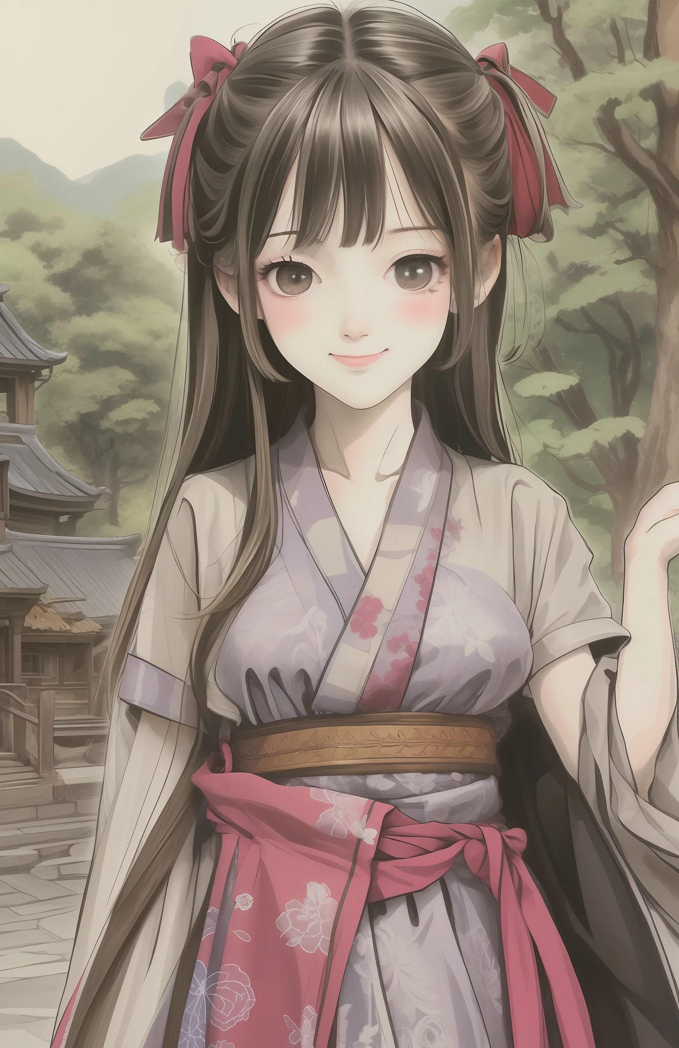 (masterpiece),best quality,good anatomy, shuimobysim,(1 girl:1), (upper body),(smile),short hair,(hanfu),(ecchi0.5), (trees:0.5), (flowers:0.6) ,(wooden house:0.2),(bamboo forest:0.2),(creek:0.2),(river:0.2),