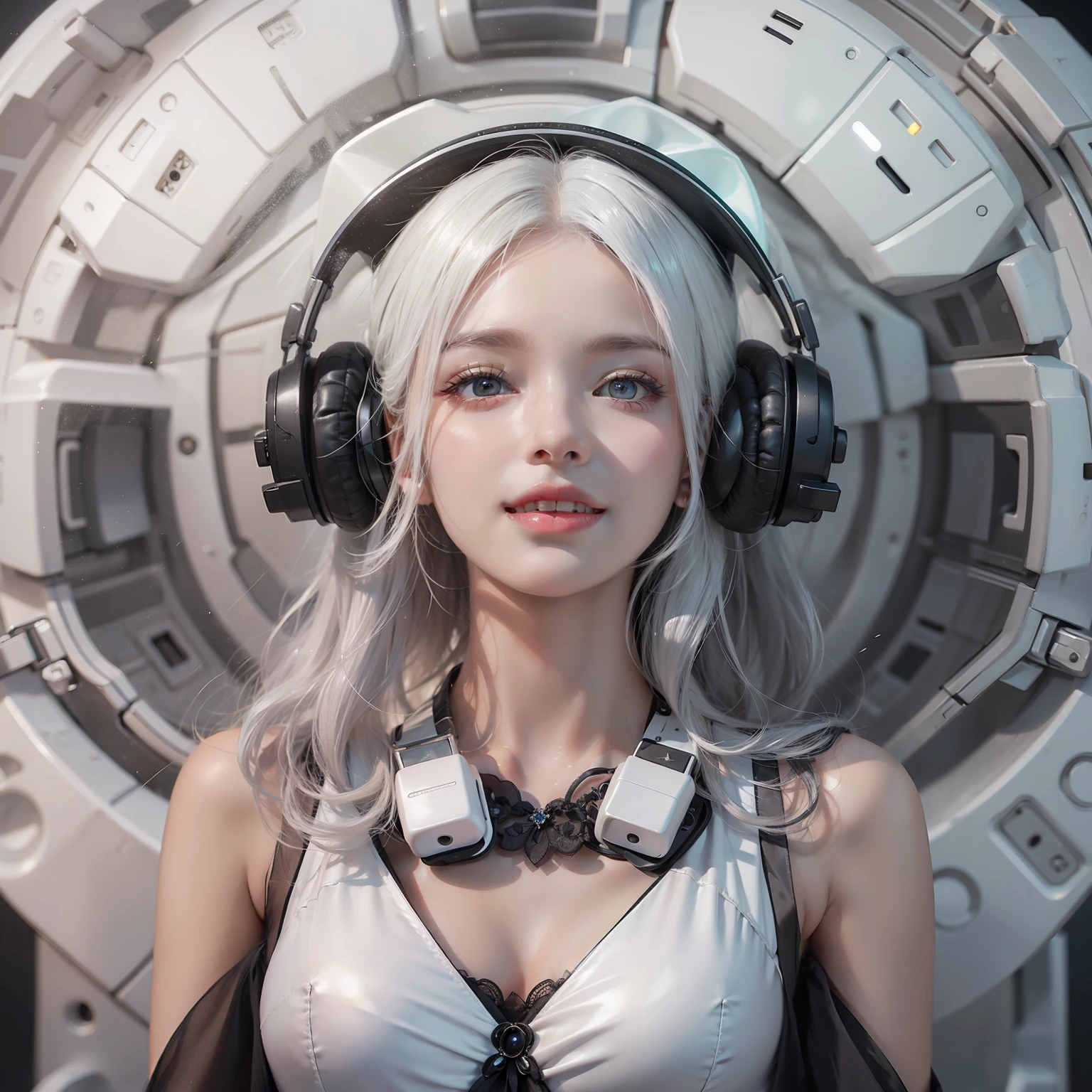 Enchanted woman happy to raise her hand Perfect beauty Beautiful white skin Beautiful eyes Lustrous lips lovely smile wink White hair She is wearing a black dress that sticks to her body. Functional head phone Inside the spacecraft