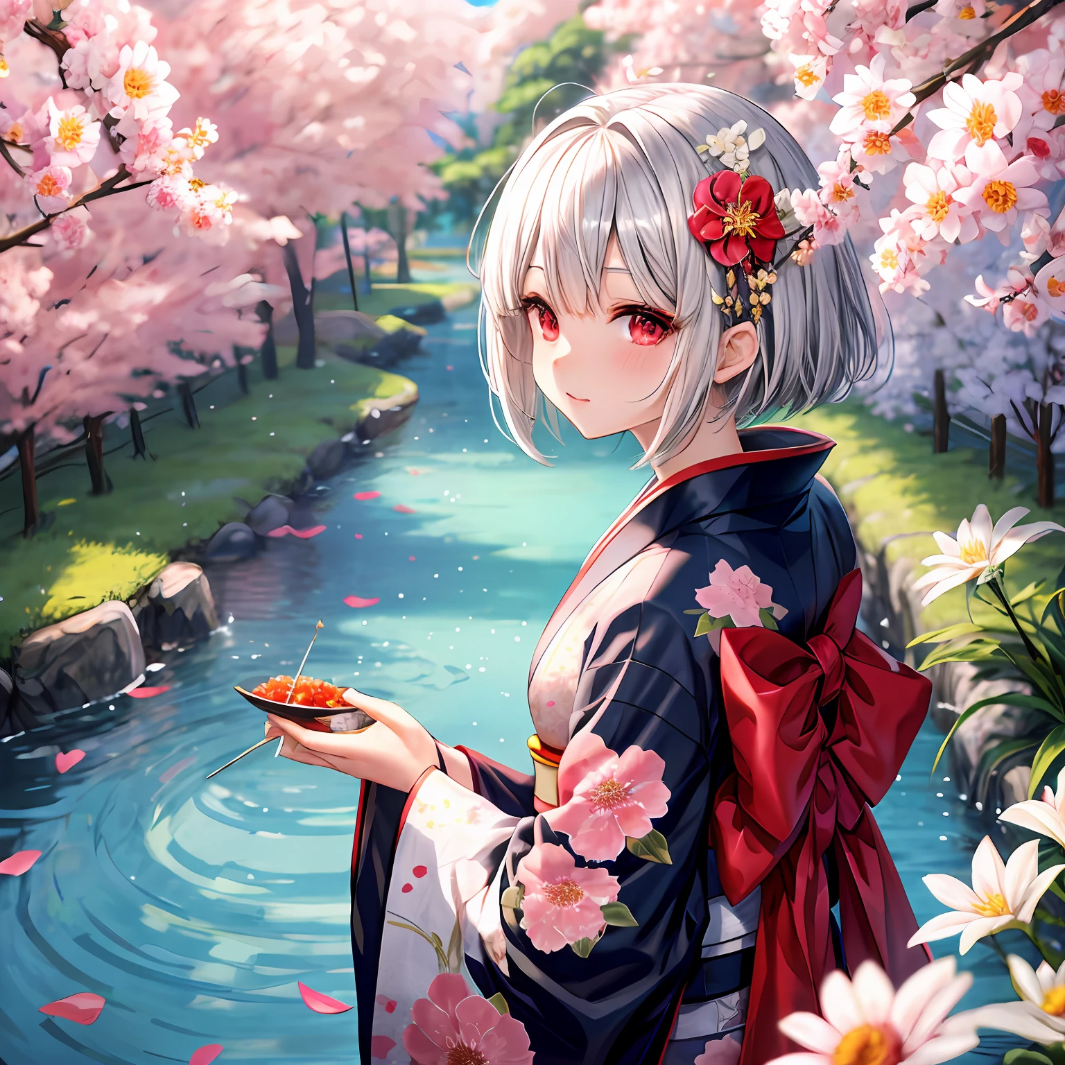 short silver hair、red eyes、One pretty girl、独奏、animesque、kimono、flower  field