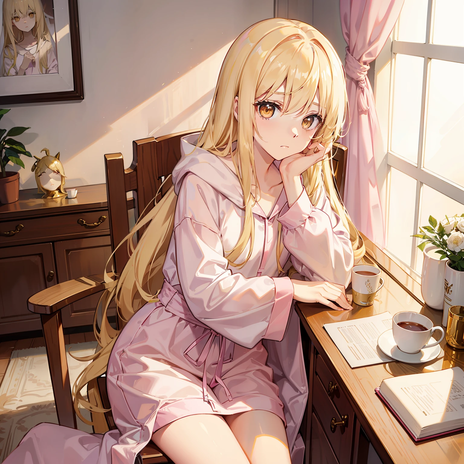 Long pale yellow hair to the waist，Golden eyes，Wear pink hooded pajamas，Sleepy look，I feel like I can't open my eyes，face expressionless，Sit in a chair at the table