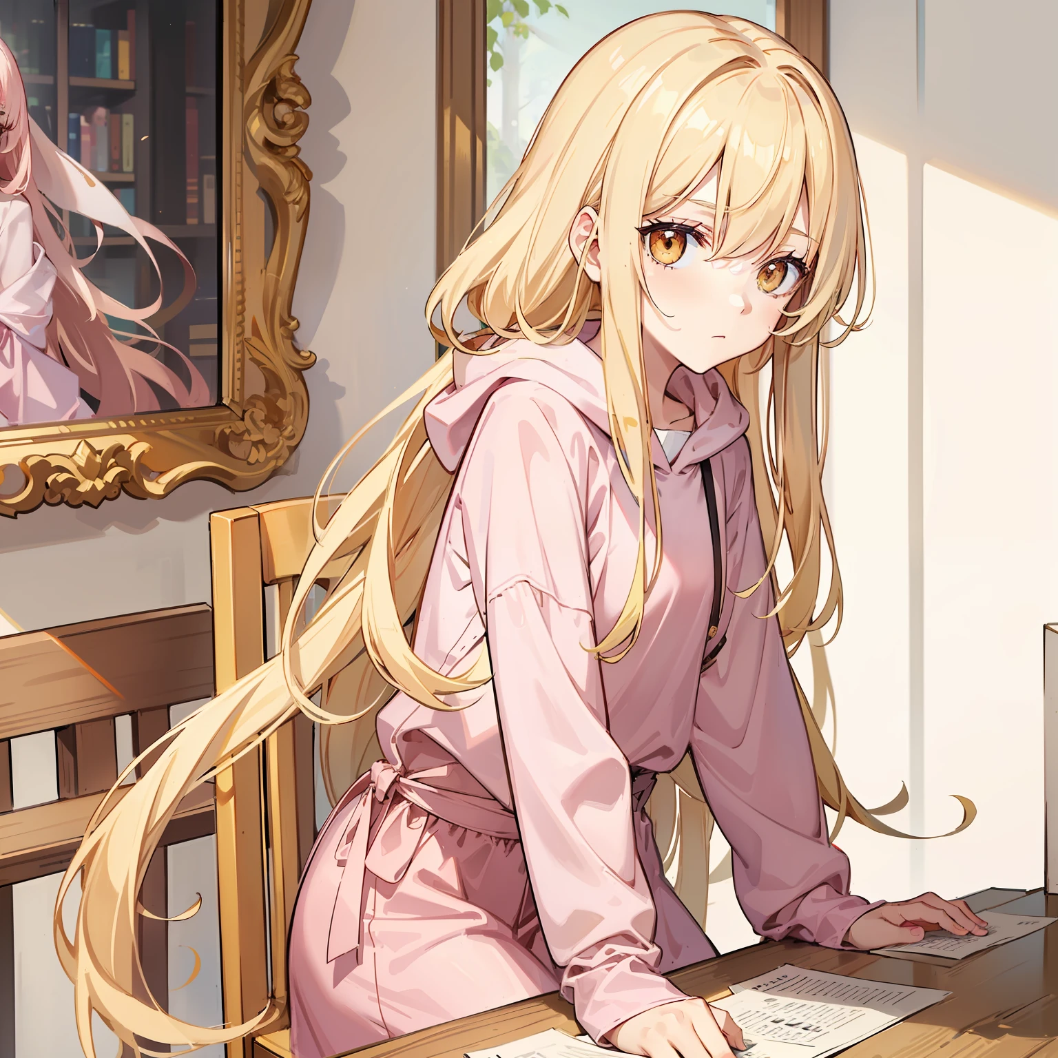 Long pale yellow hair to the waist,Golden eyes,Wear pink hooded pajamas,Sleepy look,I feel like I can't open my eyes,face expressionless,Sit in a chair at the table