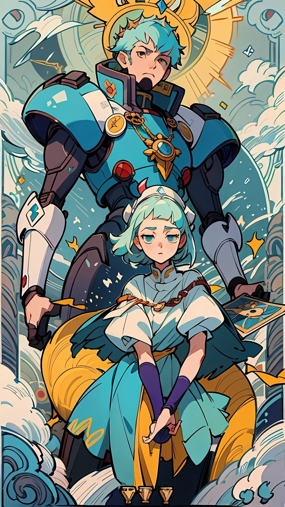 tarot card art,Mecha God King,Wind hot combat suit,Male priestly tarot cards,elfic priestess,masterpiece1.3,Uniform 4K resolution,ultra-definition,Master details,perfect works,The pinnacle of tarot cards