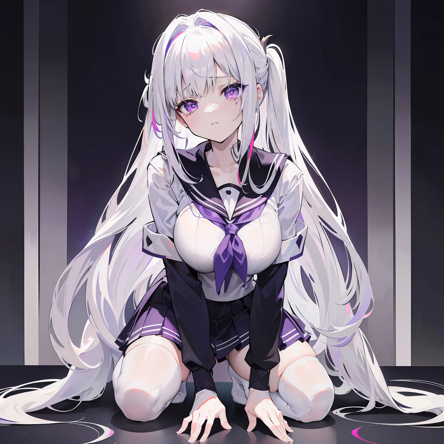 (White color hair),(Purple eye),(Long hair and double ponytail),((Black stockings)),(Classroom Background),(kneels on the ground),Expose cleavage,Multi-colored short skirt,HighestQuali,8K,B cup,hair pin,a sailor suit,streaming tears