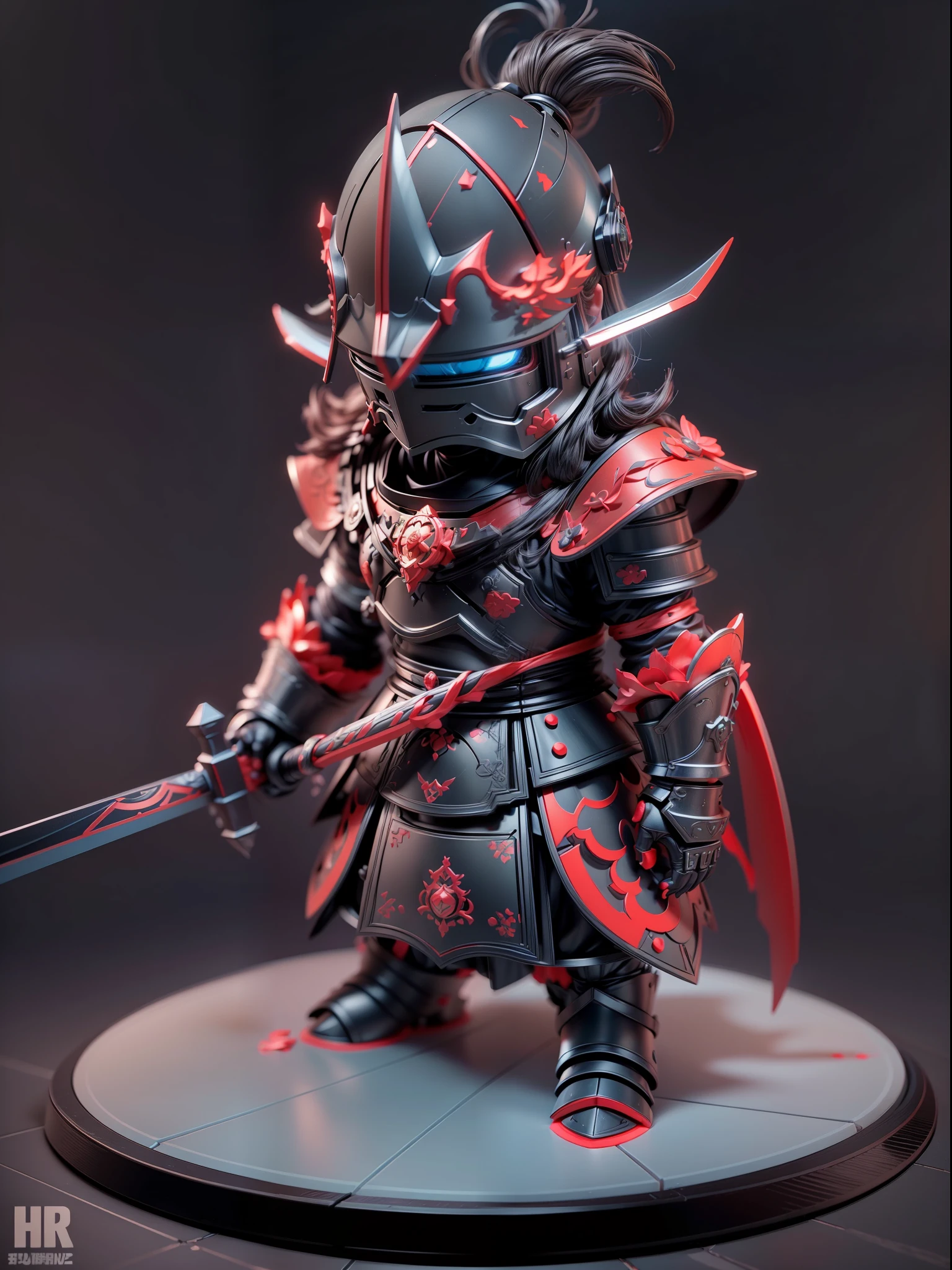 (Blind box toy style:1.2), (Full body shot) , (1 cute fat metal swordsman)((solo)) Metal armor，Metal opaque helmet, Baroque style, dreamy glow, Clean, Black draft,red and blue style，(circular base） ( Global illumination, Ray traching, hdr, unreal render,reasonable design, high detal, Masterpiece, Best quality, hyper HD, Cinematic lighting)