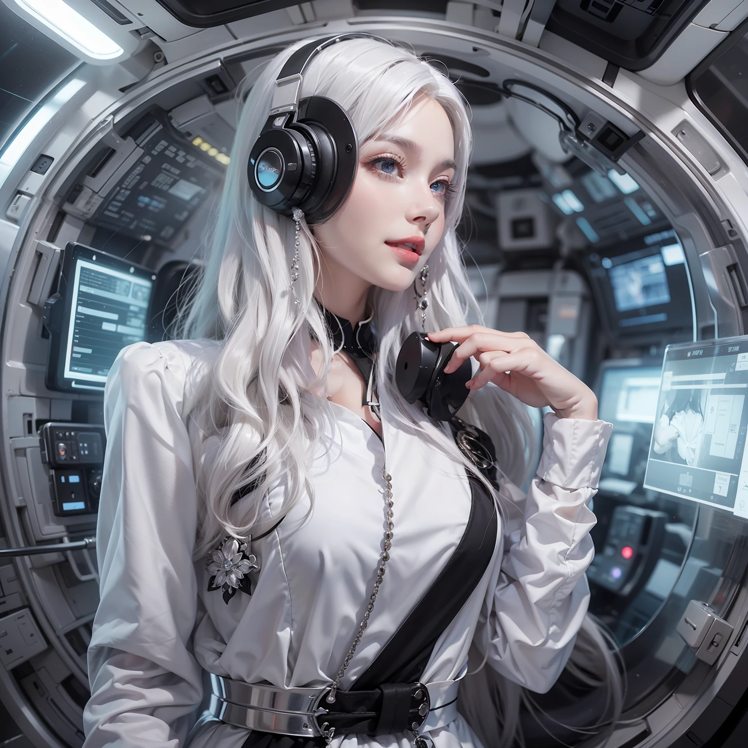 Enchanted woman happy to raise her hand Perfect beauty Beautiful white skin Beautiful eyes Lustrous lips lovely smile wink White hair She is wearing a black and white dress that sticks to her body. Functional head phone Inside the spacecraft