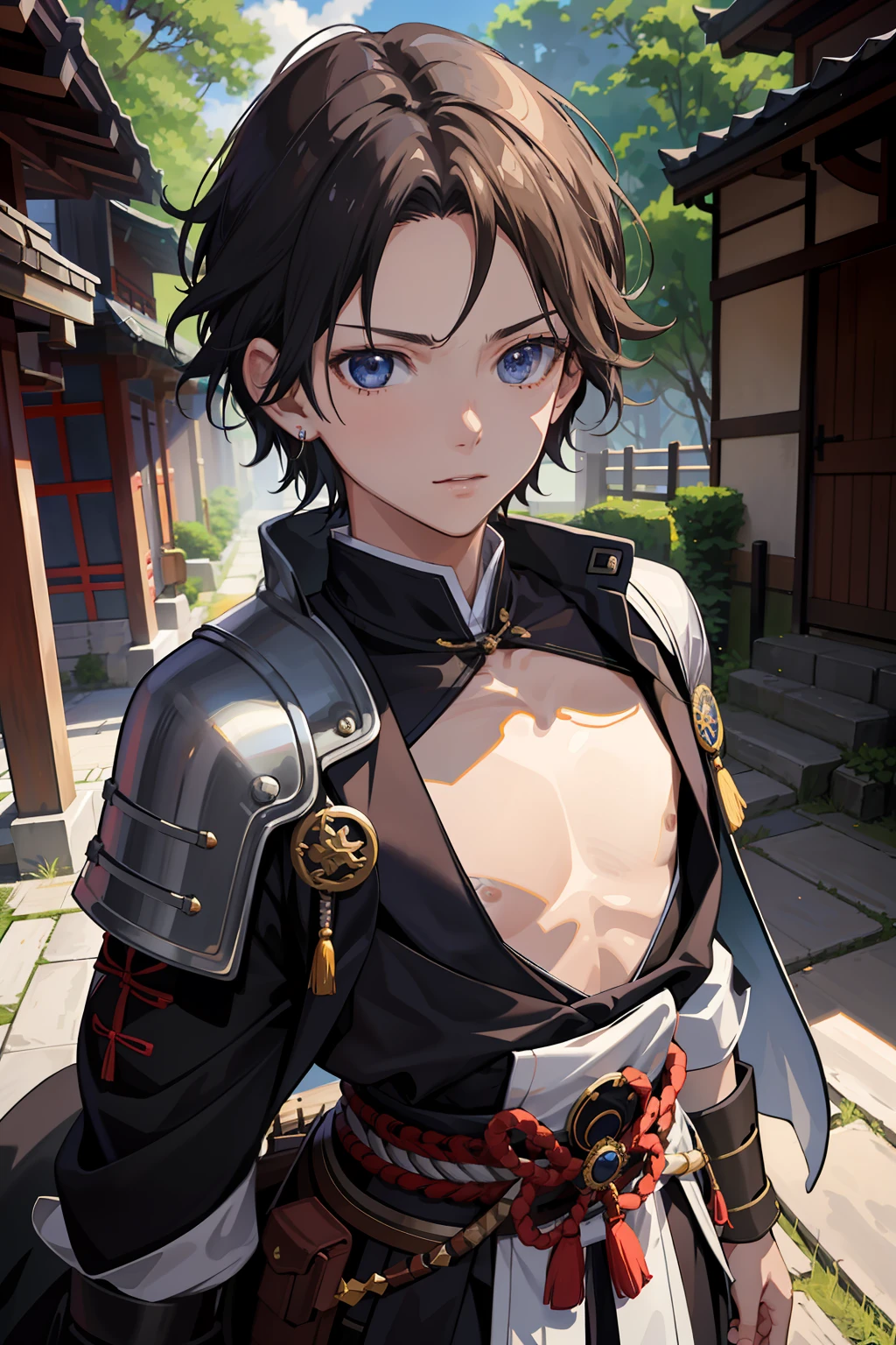 13 year old boy,A half body,2D,Japan antiquity,lineworks,voluminous hair,Samurai clothes,The cloth,checkered clothes,Ghost Slayer's Blade,Japanese manga style,Exaggerated perspective,head portrait,closeup cleavage,耳?????? Ring,rays of sunshine,hiyao miyazaki,Japanese anime,Particle,Ambient,best qualityer,super-fine,Artistically,romanticism lain,hyper HD,16K Ultra HD,Guibli