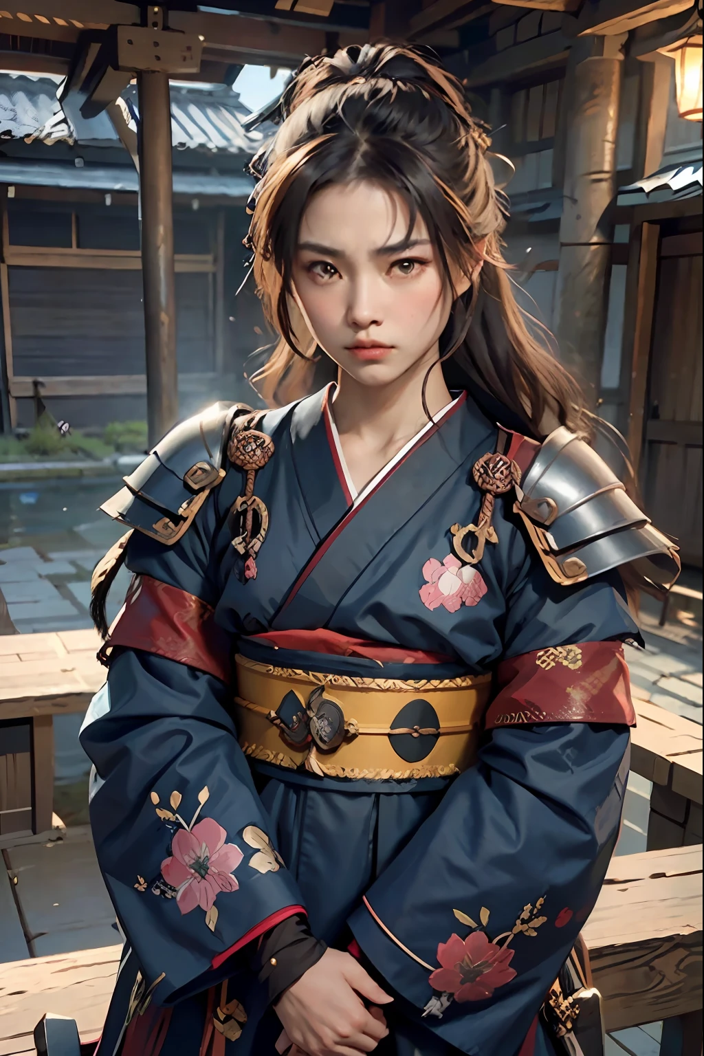 c4ttitude, samurai, vigilant, Yeux en amande, furrowed brow, fourrure lisse, guerrier, disciplined, focused, Armored kimono, Guarded cover, acier, pattes griffues, Katana, feudal Japan, rue, honorer, duel, Confrontation scene,