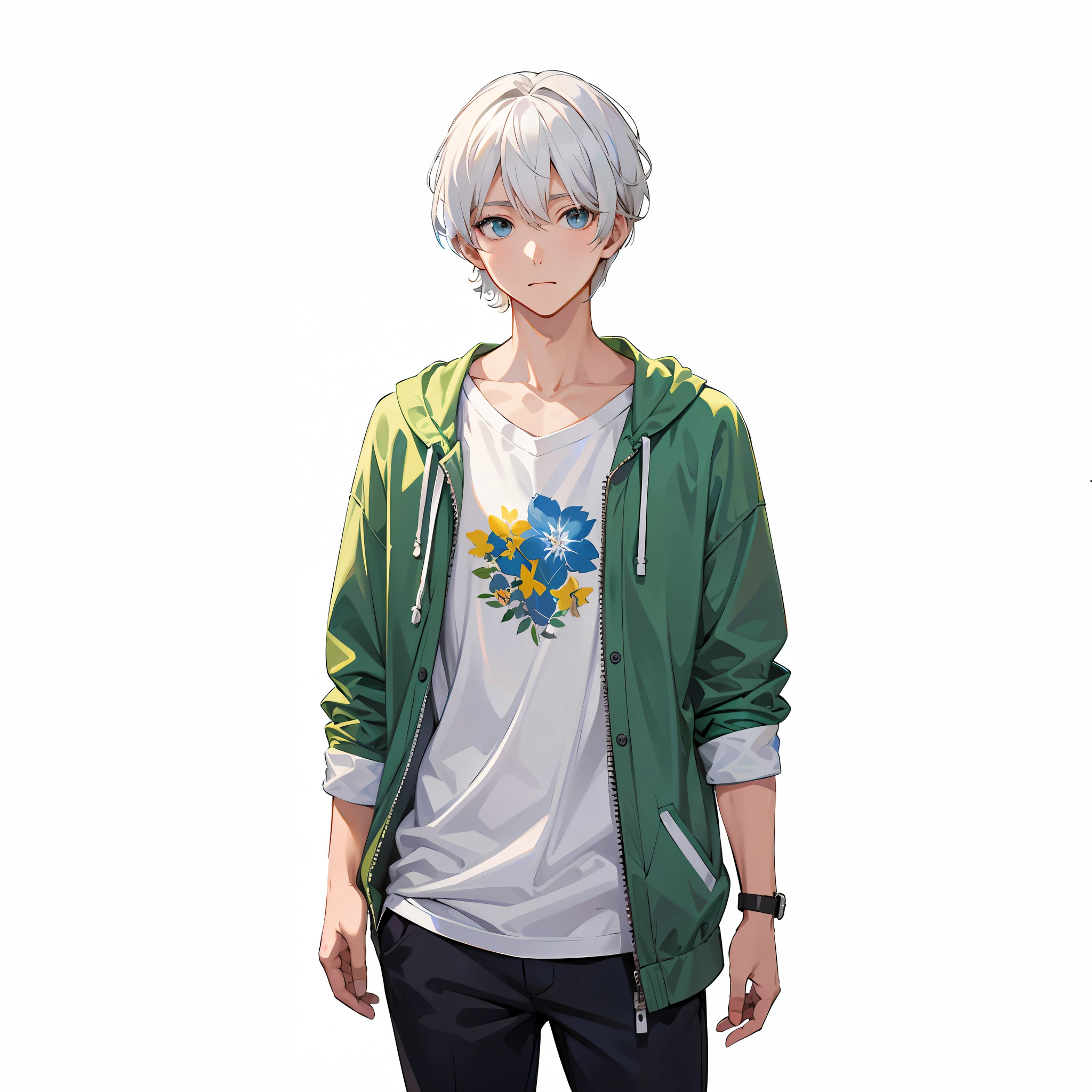 Anime boy standing in front of white background with white hair and green jacket, Tall anime guy with blue eyes, official character art, male anime character, young anime man, Anime handsome man, shigenori soejima illustration, Handsome anime pose, offcial art, official character illustration, nagito komaeda, Official artwork, Single character full body