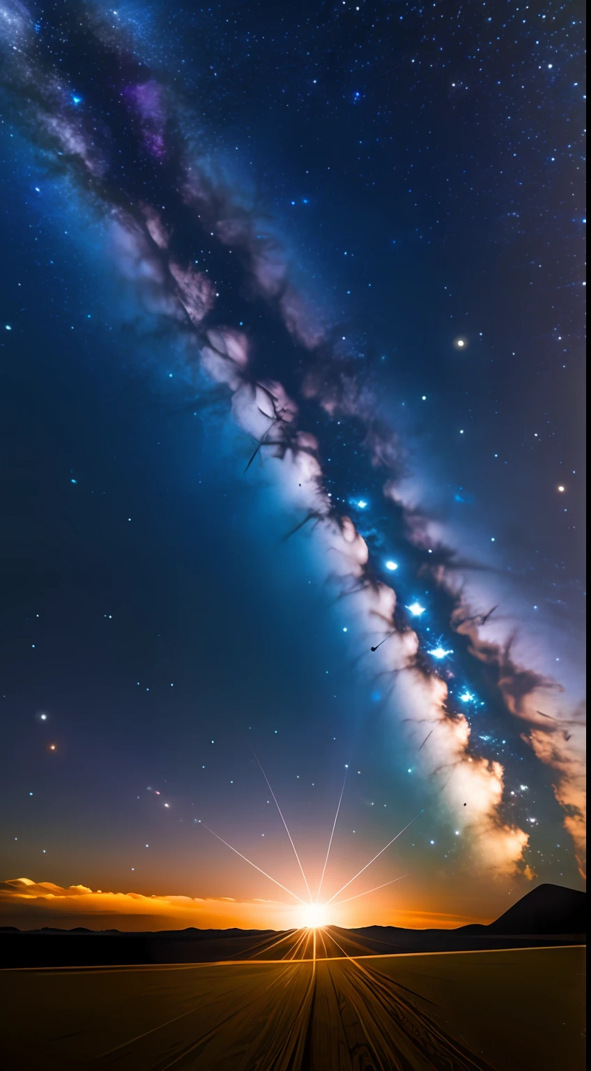 nigh sky、Star shine、Faraway view、Realistic and rich colors、Gorgeous and colorful wide-angle lens、Evening shooting、Positive film、Naturalistic style、High-resolution shooting。