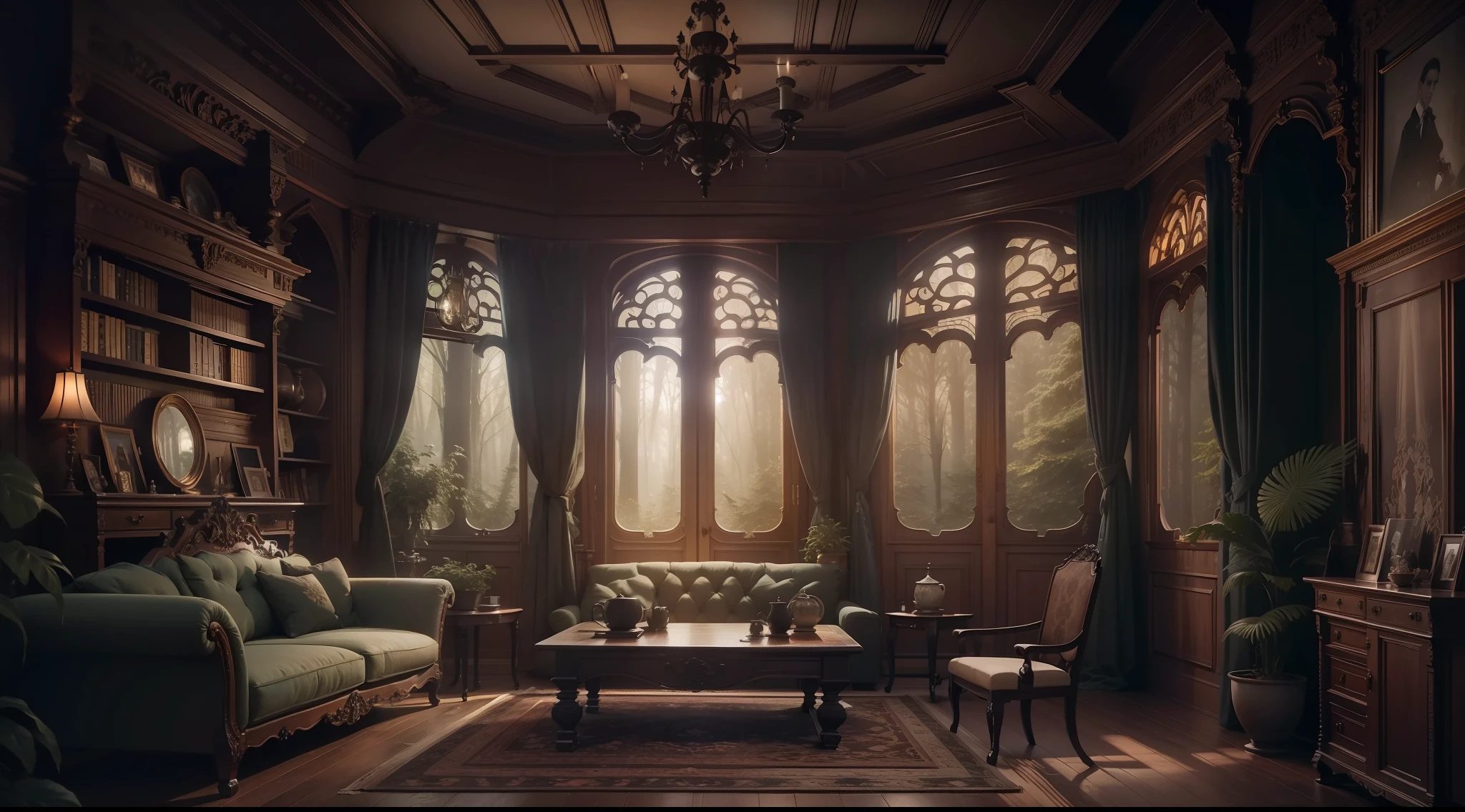 Living room of Western-style house deep in dark and mysterious forest、Tea cup on the table、Old interior、Magical、, interior architecture, Gothic art, Verism, One-person viewpoint, From the outside, canon, Super Detail, High quality, hight resolution, 8K, Best Quality