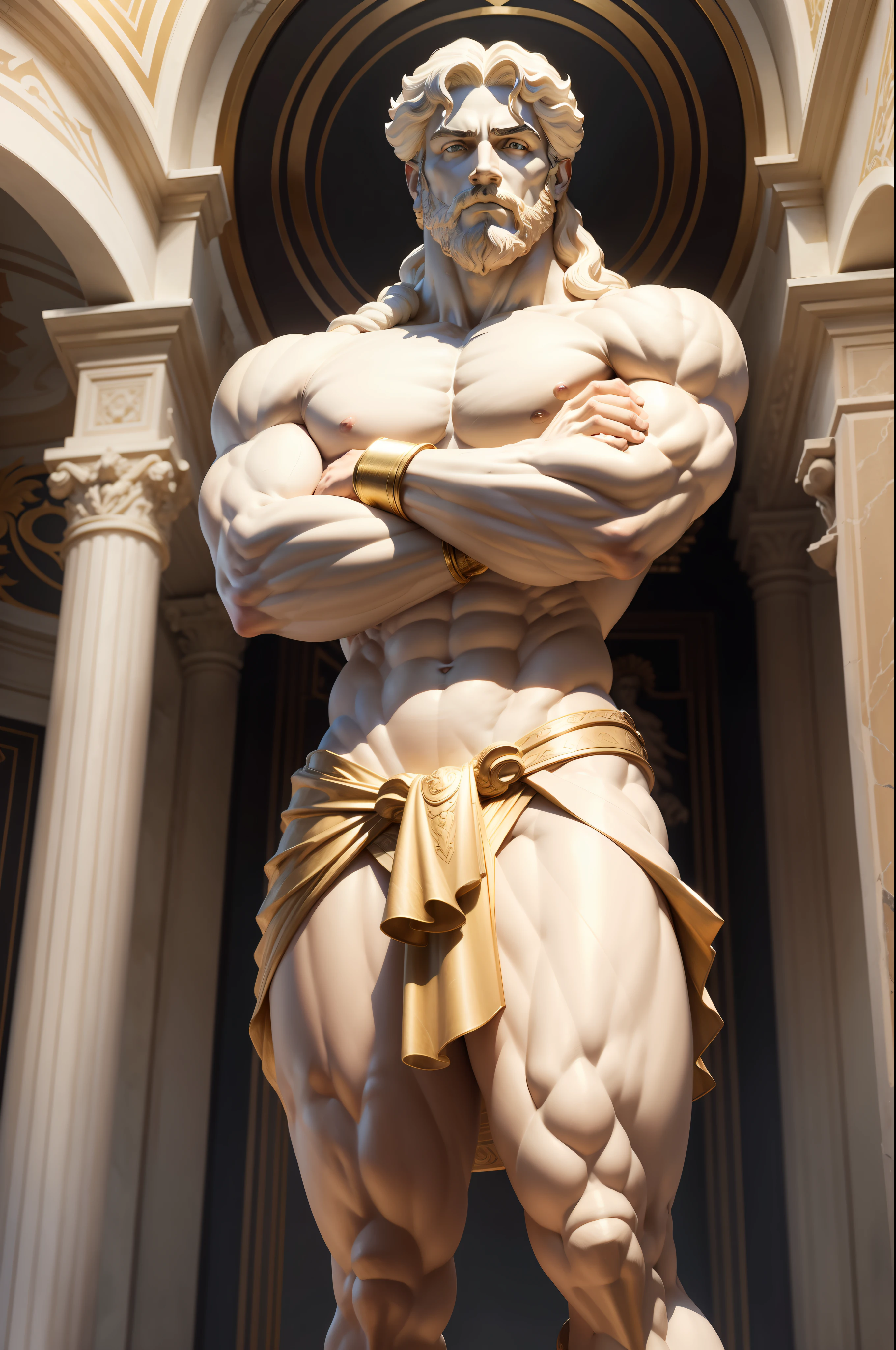 create a marble statue of Hercules, The legendary mythological hero, da cintura para cima. Ele deve estar de frente para o espectador, with a serious expression, with arms crossed and looking down. Your appearance should be majestic, unwavering and with well-defined muscles.