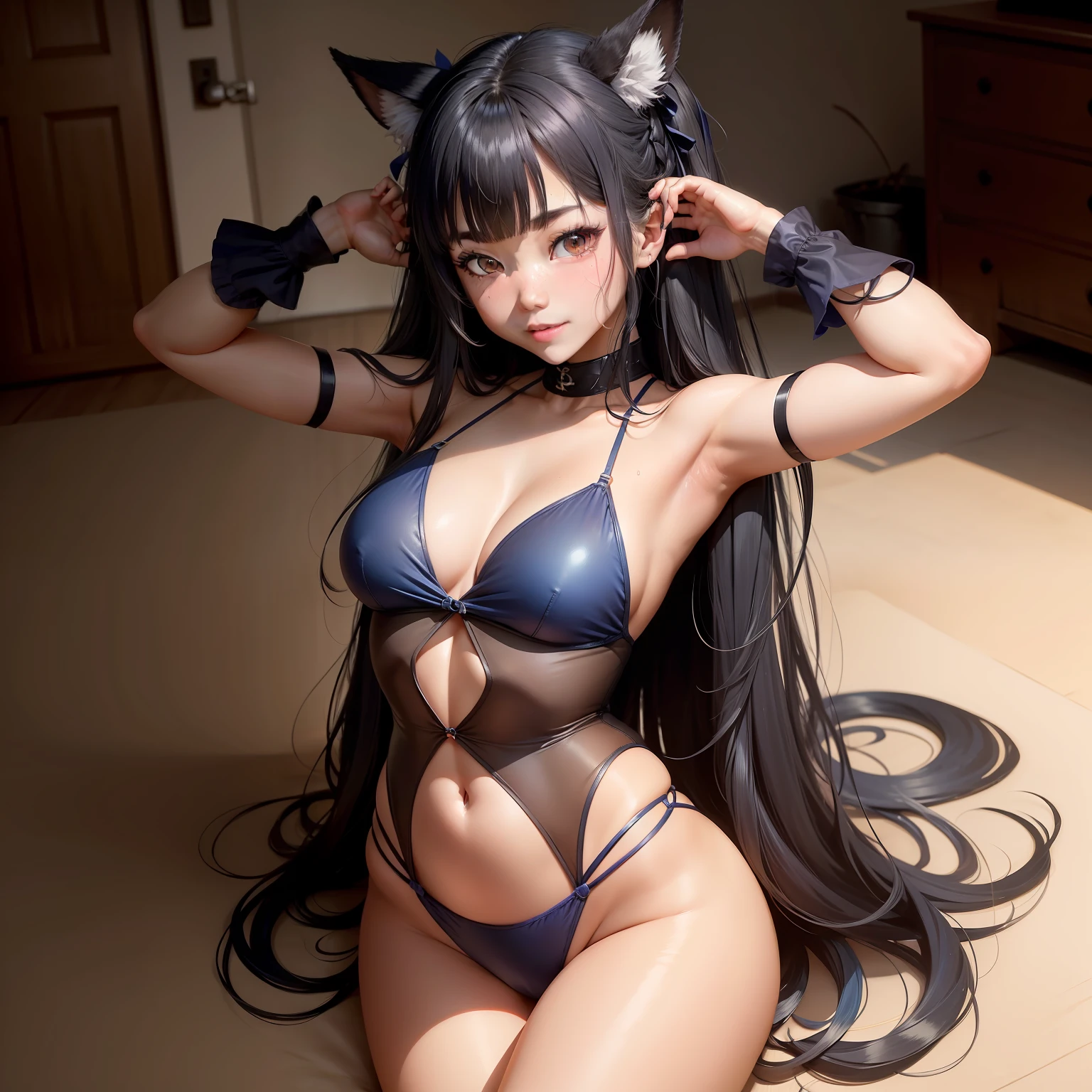 high-level image quality、masterpiece、8K、detaileds、1 persons、独奏、teens girl、One person on the screen、Uma Musume(hishi amazon)、hair color is dark gray with a bluish tint,,,,,、The bangs are in the center、long hair in the center、Hair bounces back at the left and right crowns on the top of the head、Blue-black hair、bluish black hair、Hair is blue-black、Blue-black hair color、waist-length hair、Long straight hair、cuticle、Older sister、the skin is dark brown、blacks、sunburn、the skin is dark wheat color、The skin gets quite sunburned、Dark skin、Ganguro、Hair fastened with a red ribbon on the left head、Red ribbon on the head、very long pointed horse ears,,,,,,,,,,,、Full body like、darkred eyes、Red Eyes、redeyes、Thin eyebrows、Sharp eyes、Sanpaku eyes、Glaring eyes、Tight eyes、Fox eye、Strong-minded、huge smile、Fluffy smile、Carbide Chest、Blue Micro Bikini Swimsuit、swimsuit shiny、Mature Woman、Big sister、Pichi Pichi swimsuit、 show through、Pubic hair soothing、 Standing、full of sweat、perspiring、Love Juice、Raise your hands up、Grab your head with both hands、M-shaped legs、lying back on、Supine position、The gaze is watching the viewing、Open your mouth、Lying on the floor、in a house、Night、Hotel、Red cheeks、excited、Ecstatic look、Imarathion、Fried rice is placed next to it、Fried rice on a plate