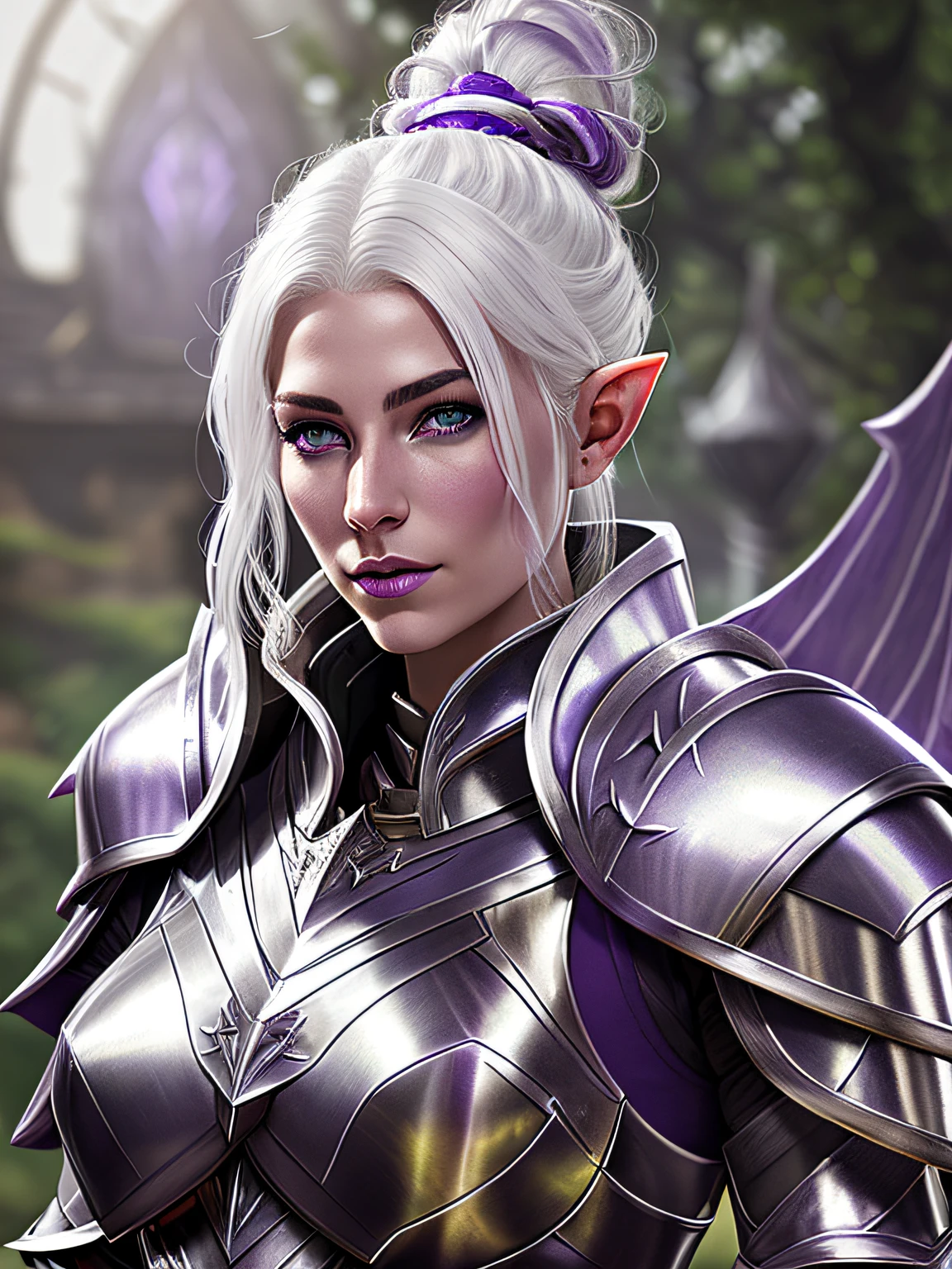 award winning digital art of an elven warrior woman, White hair in a bun, (Purple skin), Metal Armor, in a fantasy village, d&d, masterpiece, best quality, high contrast, soft lighting, backlighting, bloom, light sparkles, chromatic aberration, smooth, sharp focus (((metal armor)))