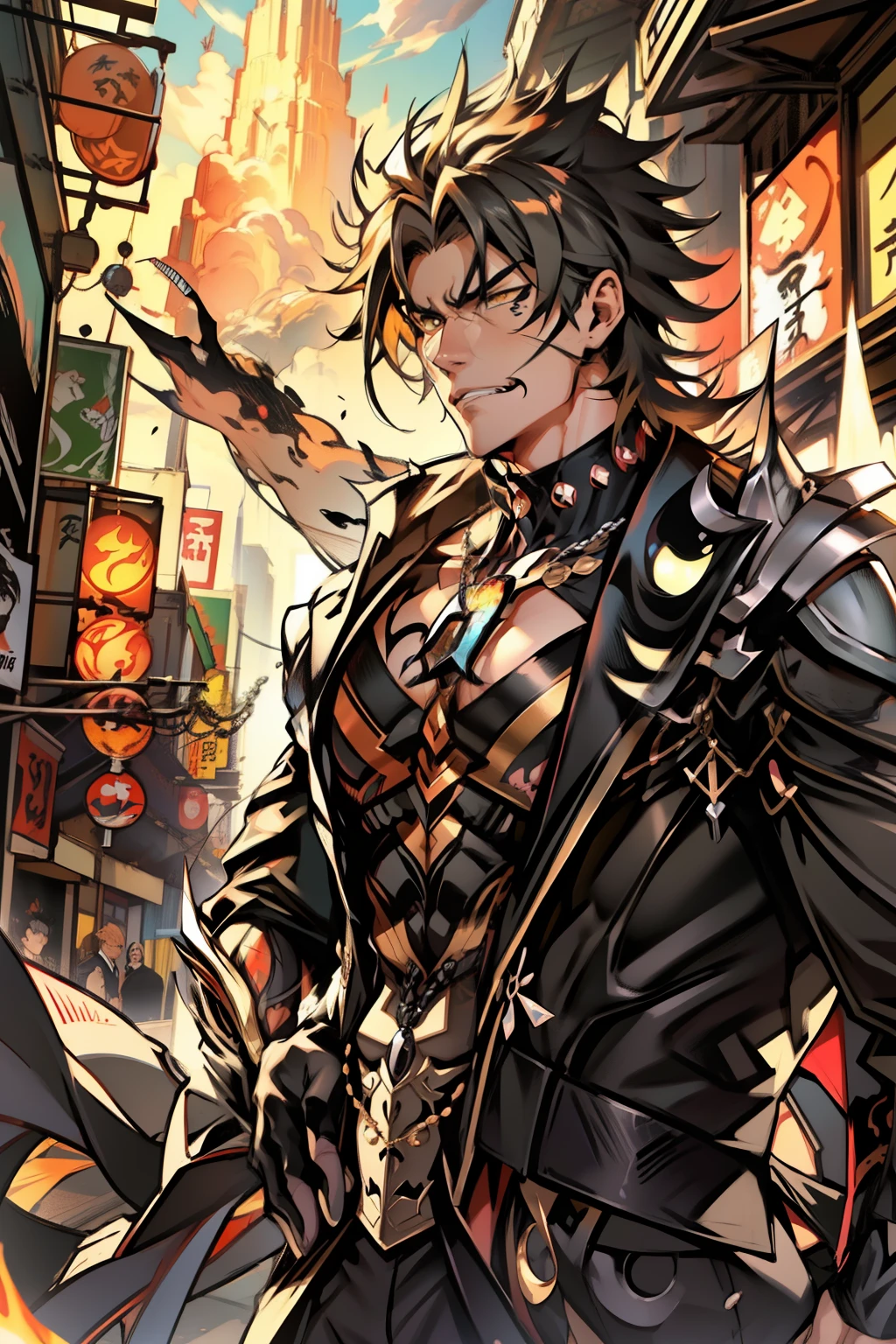 《the original god》Arataki Kazuto , male people,,((Masterpiece)), ((Best quality)), Ultra detailed,((illustration)), Dynamic Angle, Detailed light, (Delicate eyes), Floating, 1boy, Male focus, Head, Clothing, Yellow eyes, necklace, tattoo, (Forehead:0.8), (ahoge:0.8), jewelry, apathy,Ray, chest muscle, Sexy , Venom symbiote for your body, Black mucus of the body , (into venom), Venom,frontage,style of anime4 K, 4K anime wallpaper, Badass anime 8 K, 4 k comic wallpaper, young anime man, Anime boys, Anime wallpapers 4 k, Anime wallpaper 4K, High quality anime art style, Anime moe art style, Anime art wallpaper 8 K, Anime art wallpaper 4 K, RGB lighting