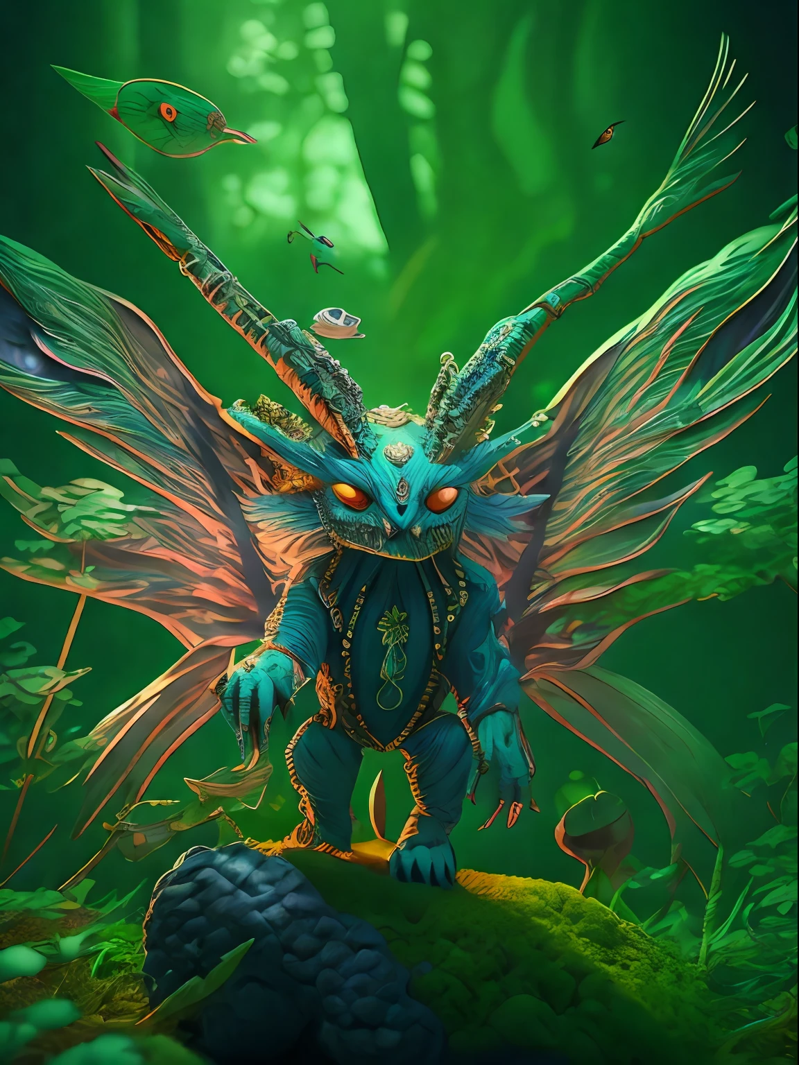 Dremley Carter, Photos of the creatures, 3D magic flying monster，Magic - Fantasy - Forest, Digital art, The most stunning artwork in the world, ((No Man)),volumettic light, Soft and balanced colors, forest scenery,  hyper HD, 8k 辛烷值渲染, magical, Amazing, Ethereal,  intricatedesign，3D magic monsters and magic rays，Glowing eyes，ultrasharp, Shadows, The color is cooler
