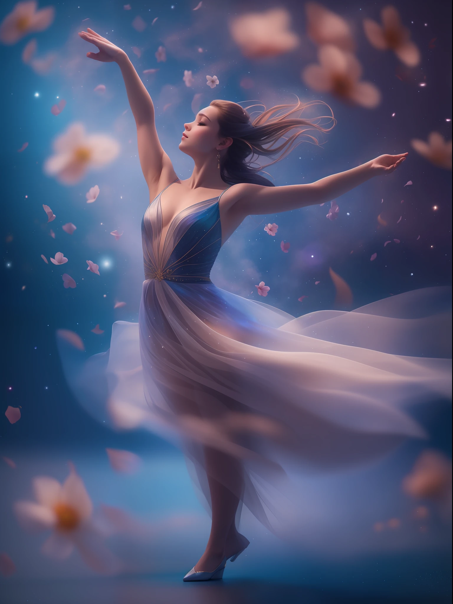 An enchanting image of a graceful, graceful girl performing a delicate dance in the soft, blue blur of space. The dancer's elegant, flowing dress is completely understated, showcasing her elegant muscles and grace. The background is filled with lush, colorful flowers and swirling galaxies, creating a dreamy, mythical atmosphere. The vibrant, bokeh effect created by the f/1.4 aperture creates a mesmerizing illusion of depth and movement. wide aperture, soft lighting, fast shutter speed