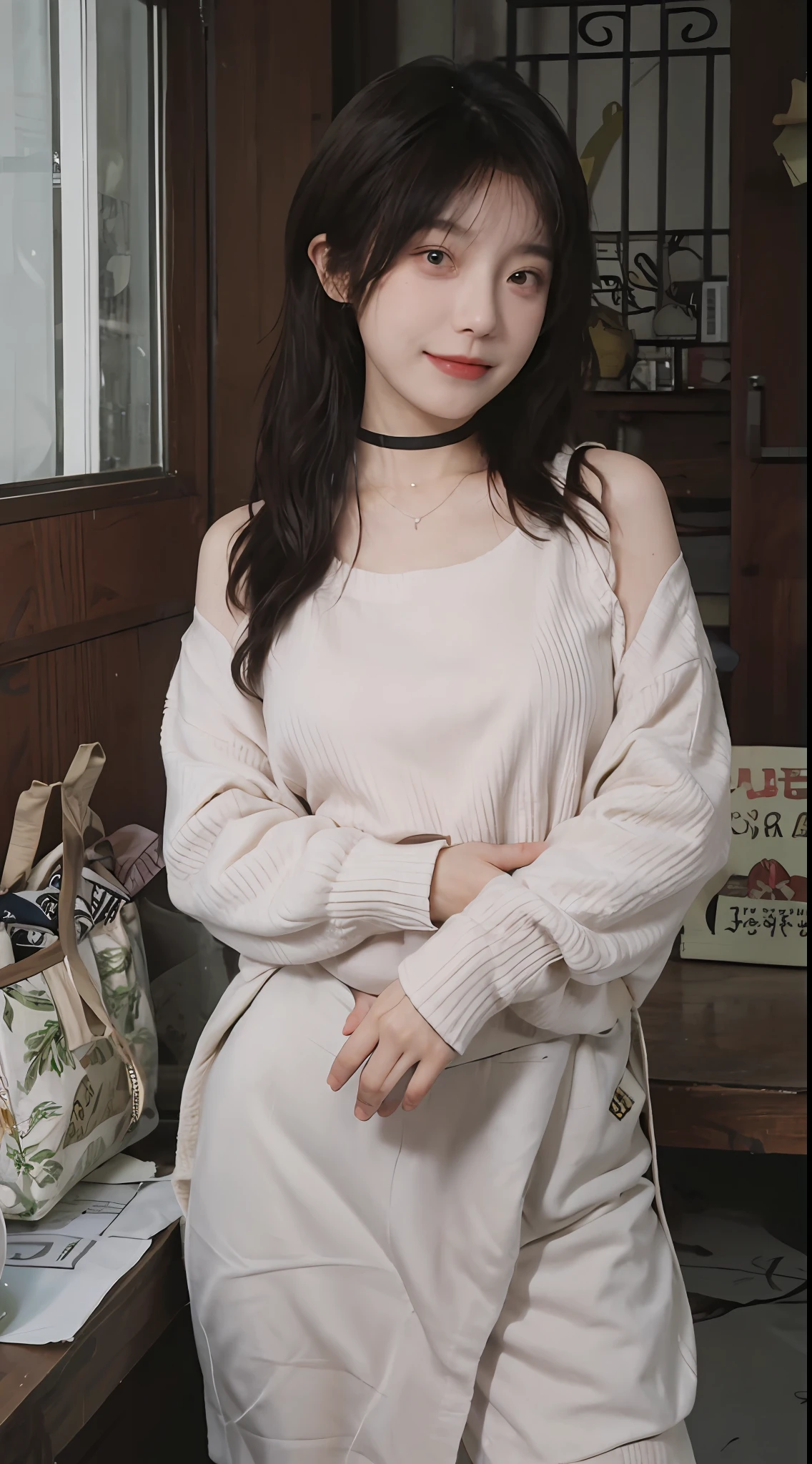 best qualtiy, 超高分辨率, (realisticlying:1.4),cute hairpin,Baoyu Girl,1girll, Beautiful woman with a slim figure:1.4, Abs:1.1, (A brown-haired, mideum breasts:1.3), Long pink sweater:1.1, 浴室,Ultra-fine face,Elaborate Eyes,二重まぶた,ssmile,choker necklace
