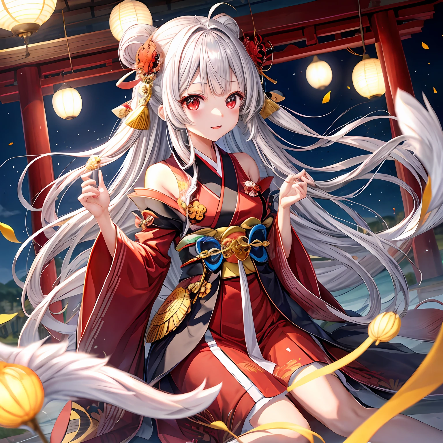 With long silver hair、red eyes、One pretty girl、独奏、animesque、Kimono、himawari