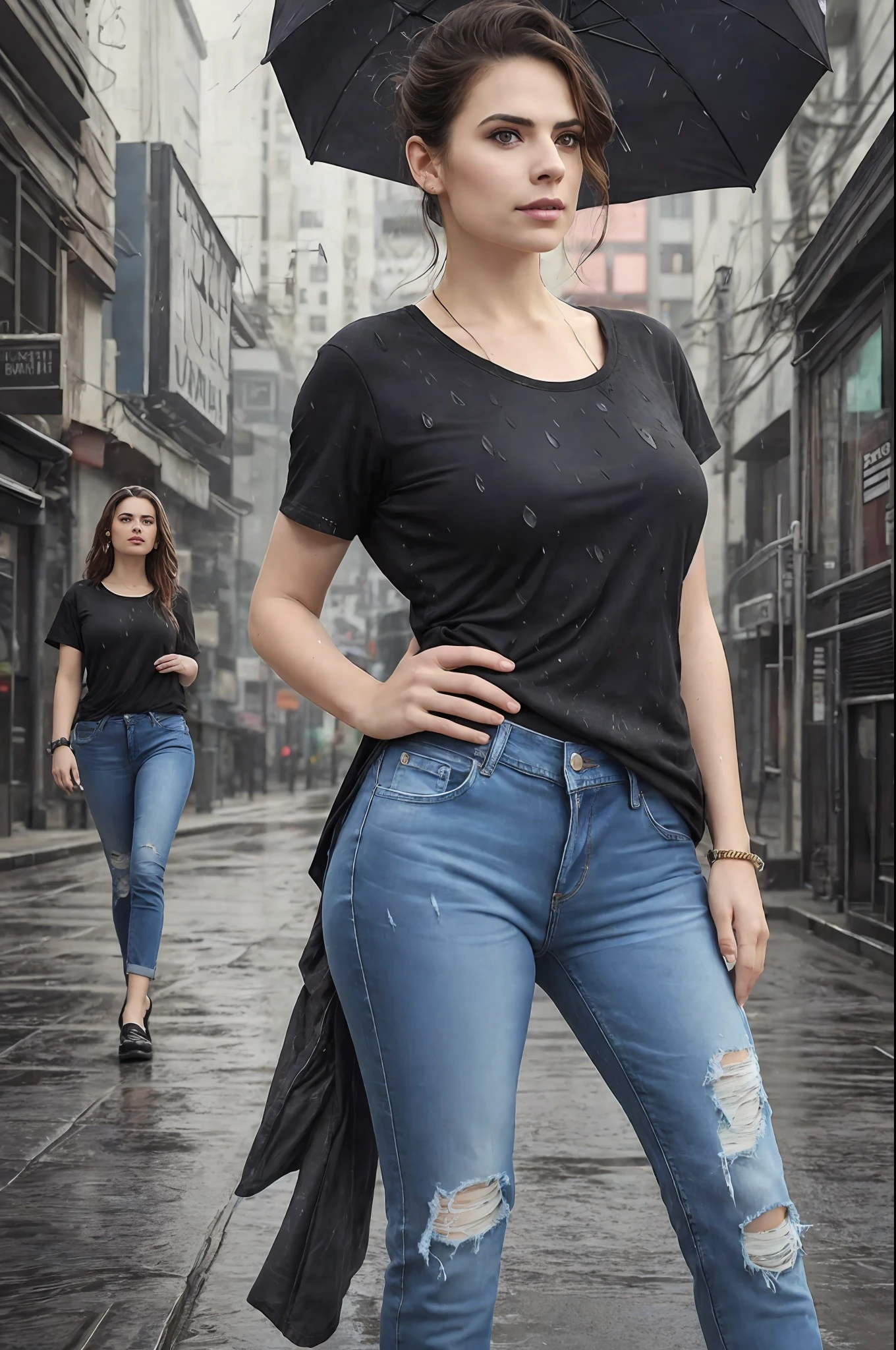 Dreamy photo, dramatic pose, looking straight at camera, intense stare, slight smile, beautiful landscape, misty, andre kohn, Canon, (Detailed features::1.2), real life. Hayley Atwell, intricate, 8k, highly detailed, (extremely detailed CG unity 8k wallpaper), (detailed anatomy), Hyperrealistic full shot body image, trending on CGSociety, Intricate, High Detail, Sharp focus, dramatic, volumetric lighting, digital painting, intense, modelshoot style, (extremely detailed CG unity 8k wallpaper), full shot body photo of the most beautiful artwork in the world, (solo middle eastern 20 years old girl), wearing a (Black baggy plain tee-shirt, long length tee-shirt, skinny damage long jeans, :1.5), walking cross legs, straight-on,seductive smile,long dark wavey hair,(full body:1.1), (cyberpunk background:1.2), outdoors,
(rain:1.1, wet street) ,(medium breasts, bouncing breasts, no bra), basic black long length tee-shirt, short sleeves tee-shirt, wristwatch, very beautiful arabian girl, ankle fit damage tight jeans, jewelry, detailed very beautiful feet's, long heel's, full body shot.