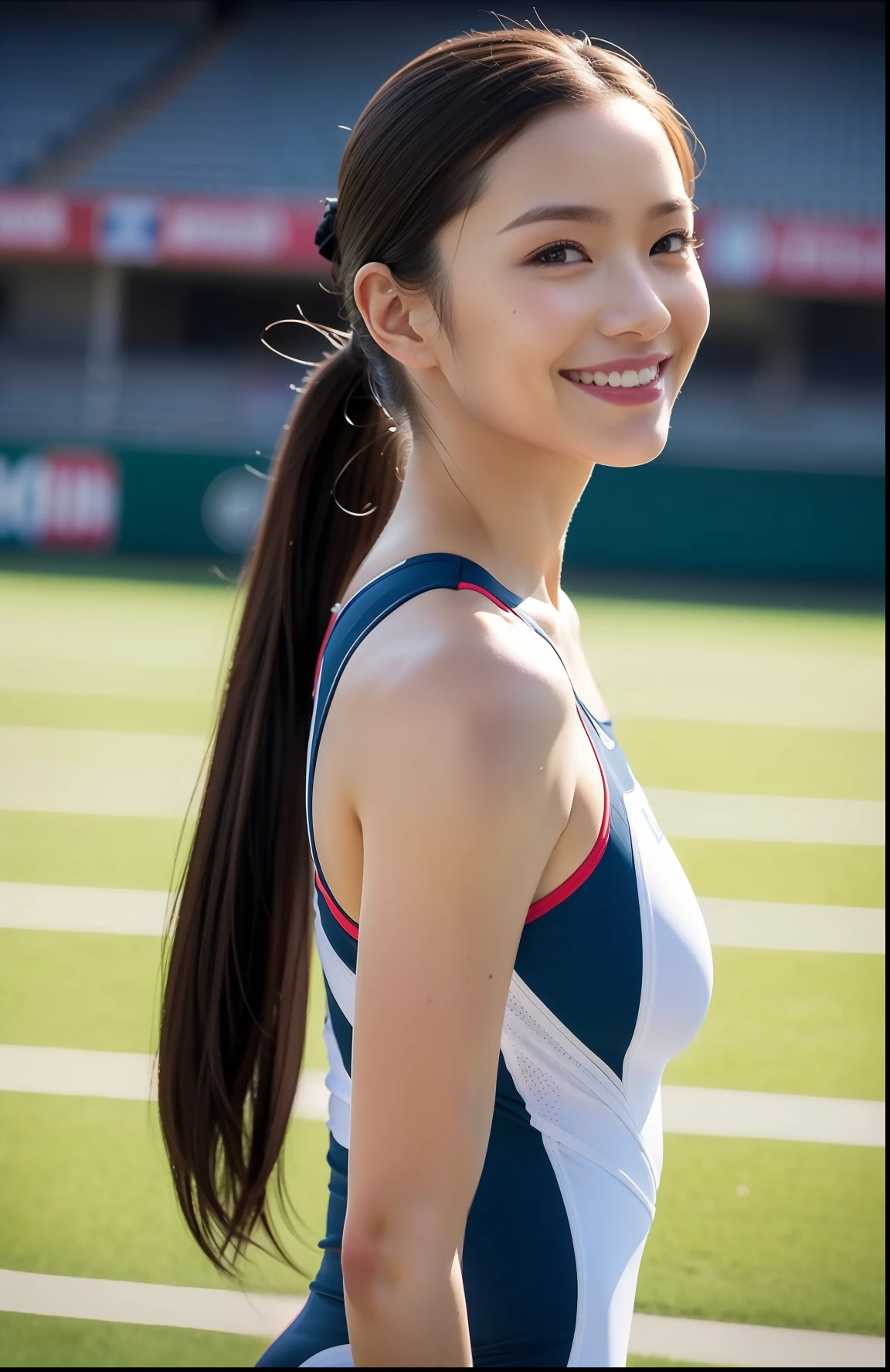 (((full bodyesbian)))、japanese beauty girl、((short ponytail))、Rear view、Perfect style、track and field uniform、beauty legs、kawaii、((Track & Field Athletes Women))、(((1人)))、((stadium))、Transcendent cute、A slight smil、Beautiful breasts、full bodyesbian、athletic field、((Outstanding style))、((Healthy body))、 Photorealsitic、Beautiful detailed eyes、Hyper-Realism、highcontrast、Ultra HD、realistic skin textures、Top image quality、top-quality、超A high resolution、Fine details、Very meticulously