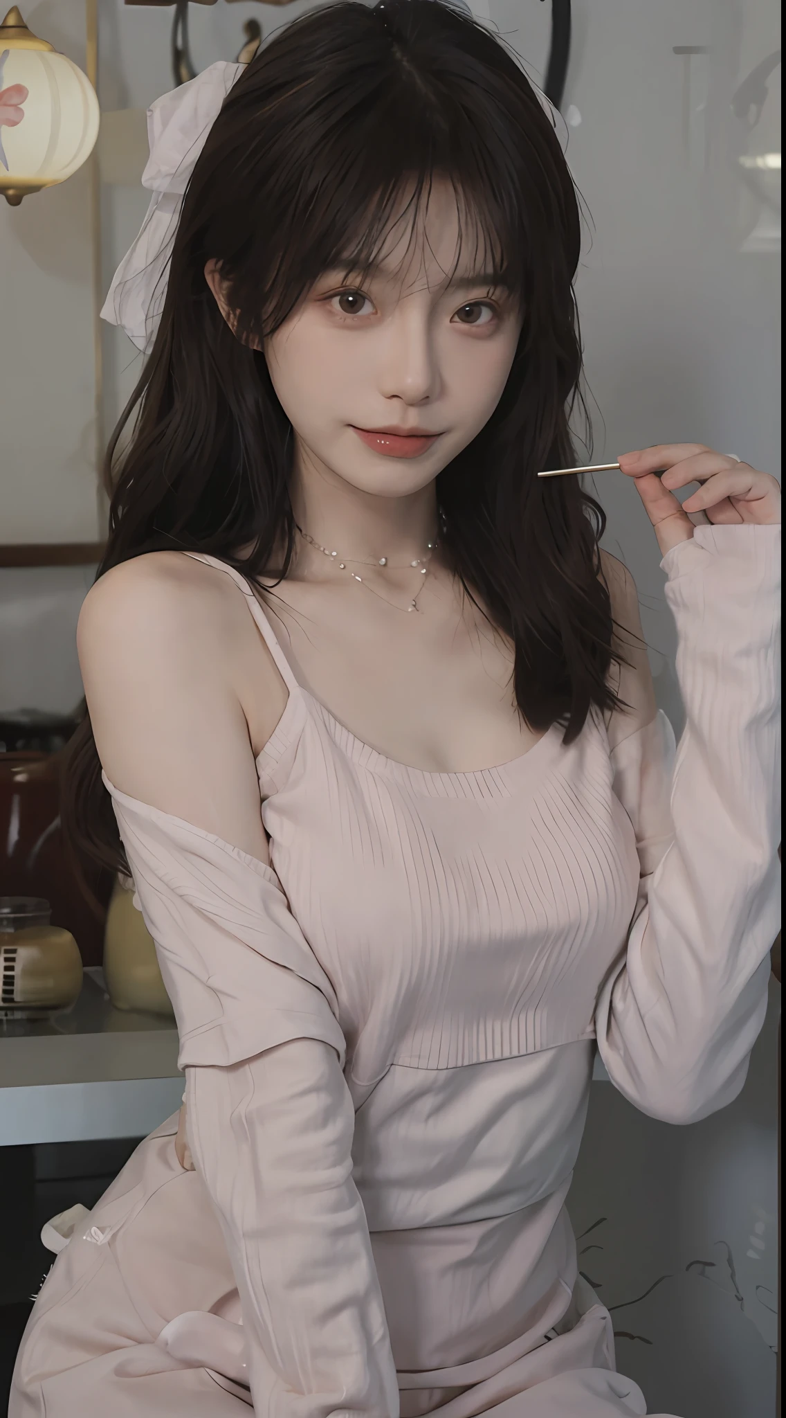 best qualtiy， 超高分辨率， （realisticlying：1.4），cute hairpin，Baoyu Girl，1girll, Beautiful woman with a slim figure:1.4, Abs:1.1, (A brown-haired, mideum breasts:1.3), Long pink sweater:1.1, 浴室,Ultra-fine face，Elaborate Eyes，二重まぶた，ssmile，choker necklace