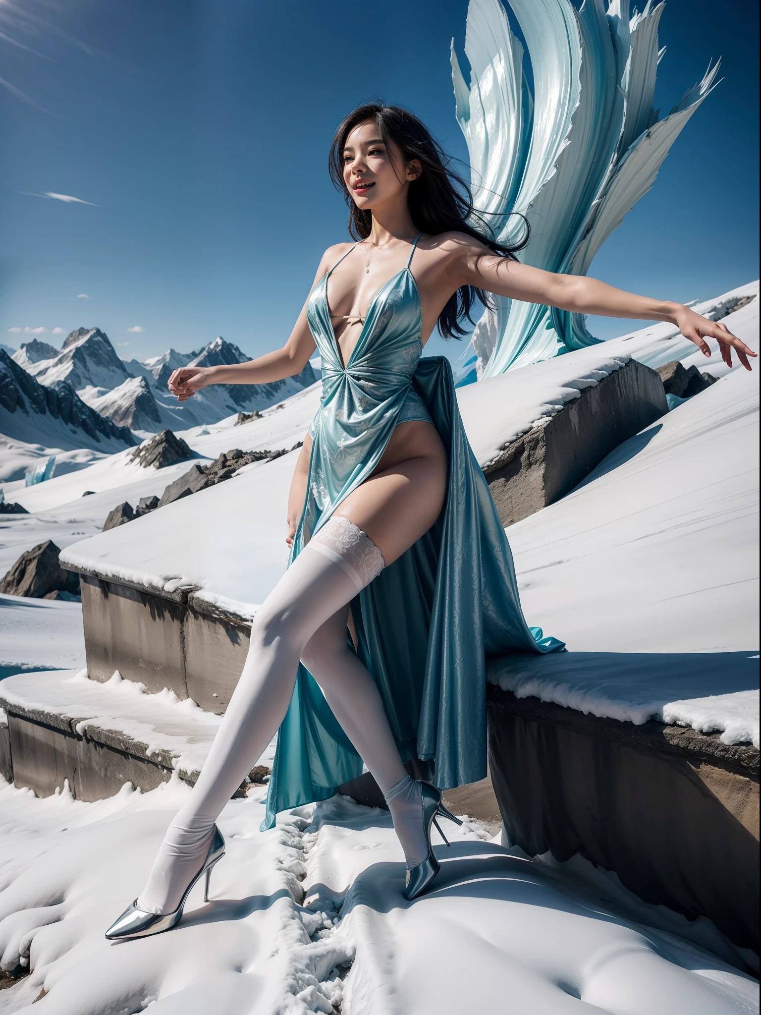 Splitting characters is prohibited，(Full body shot:1.3), Must show your face, anatomy correct, Dance on a mountaintop glacier，The breath of nature，Polished pointed-toe heels must be worn,Patterned stockings are mandatory， Keep your feet off the ground，Colorful fantasy world female succubus robe， A shallow laugh, Complex and diverse backgrounds，Strangling effect,hyper HD, Ray traching, structurally correct, Award-Awarded, high detal, lightand shade contrast, Face lighting，cinmatic lighting, tmasterpiece, super detailing, high high quality, high detal, best qualityer, 16