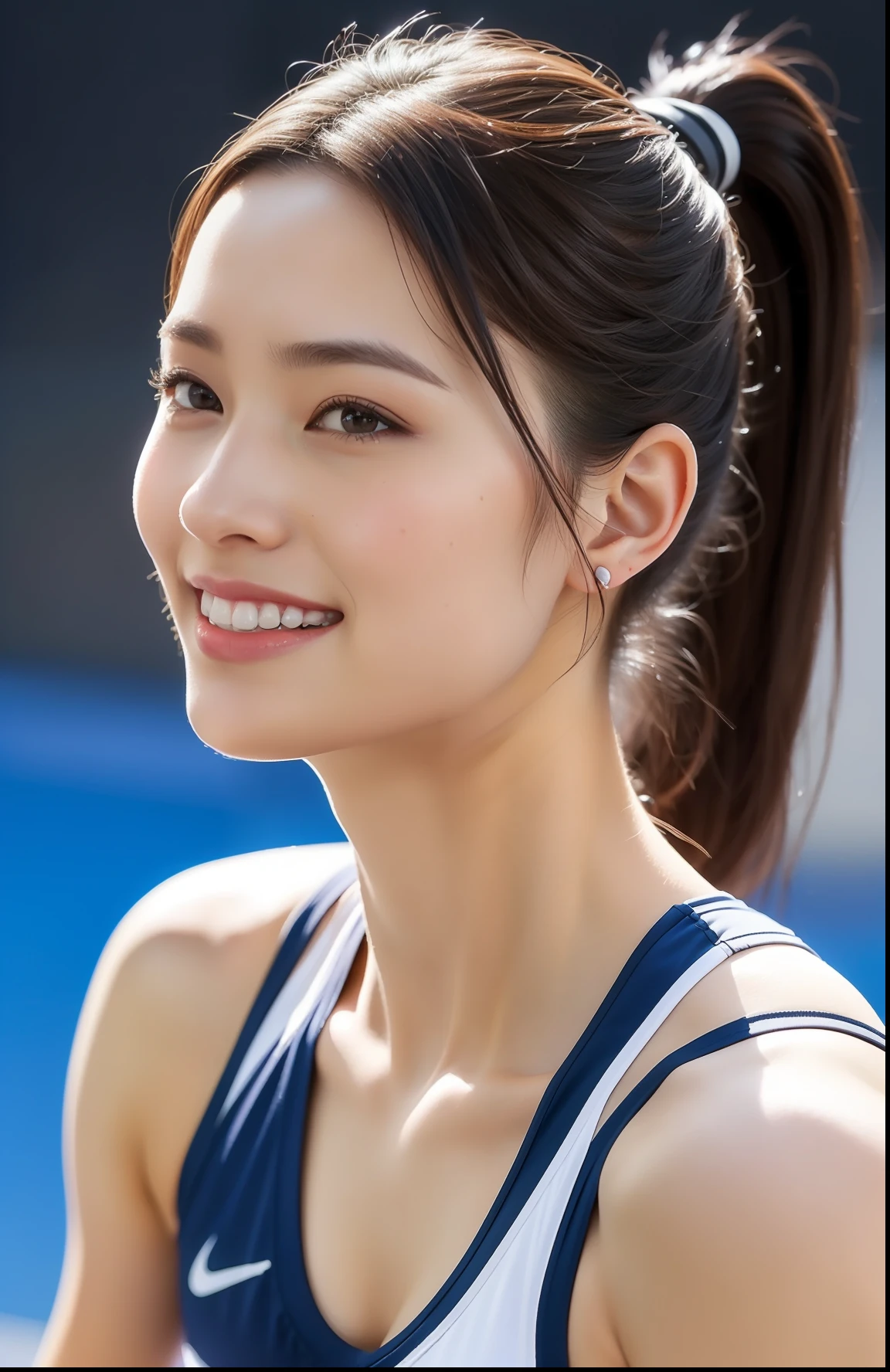 (((full bodyesbian)))、japanese beauty girl、((short ponytail))、Rear view、Perfect style、track and field uniform、beauty legs、kawaii、((Track & Field Athletes Women))、(((1人)))、((stadium))、Transcendent cute、A slight smil、Beautiful breasts、full bodyesbian、athletic field、((Outstanding style))、((Healthy body))、 Photorealsitic、Beautiful detailed eyes、Hyper-Realism、highcontrast、Ultra HD、realistic skin textures、Top image quality、top-quality、超A high resolution、Fine details、Very meticulously